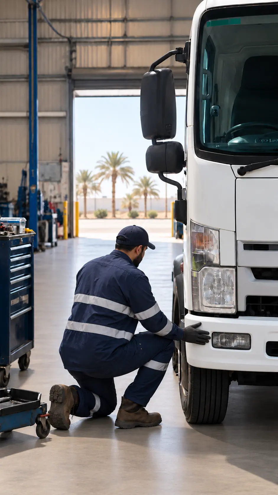 Technician checking the repaired front bumper of a truck in the workshop