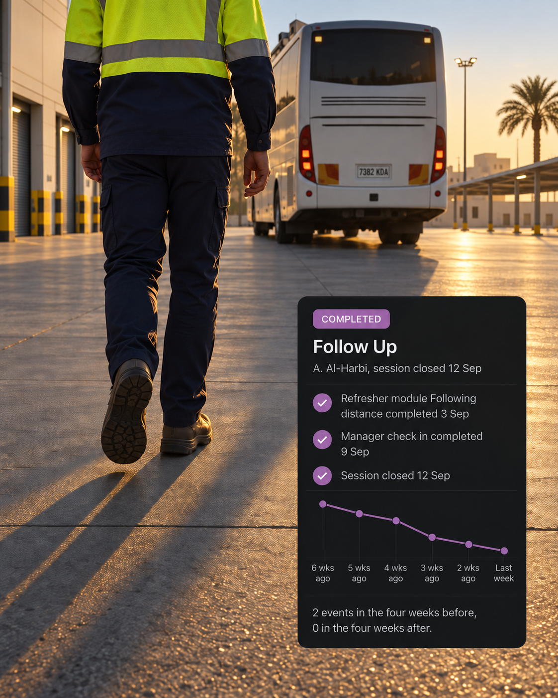Photograph: a driver doing a walk-around check beside a truck in a yard at first light. Portrait 3:4, dark and cool, room at the top for a heading, no text in the artwork.
