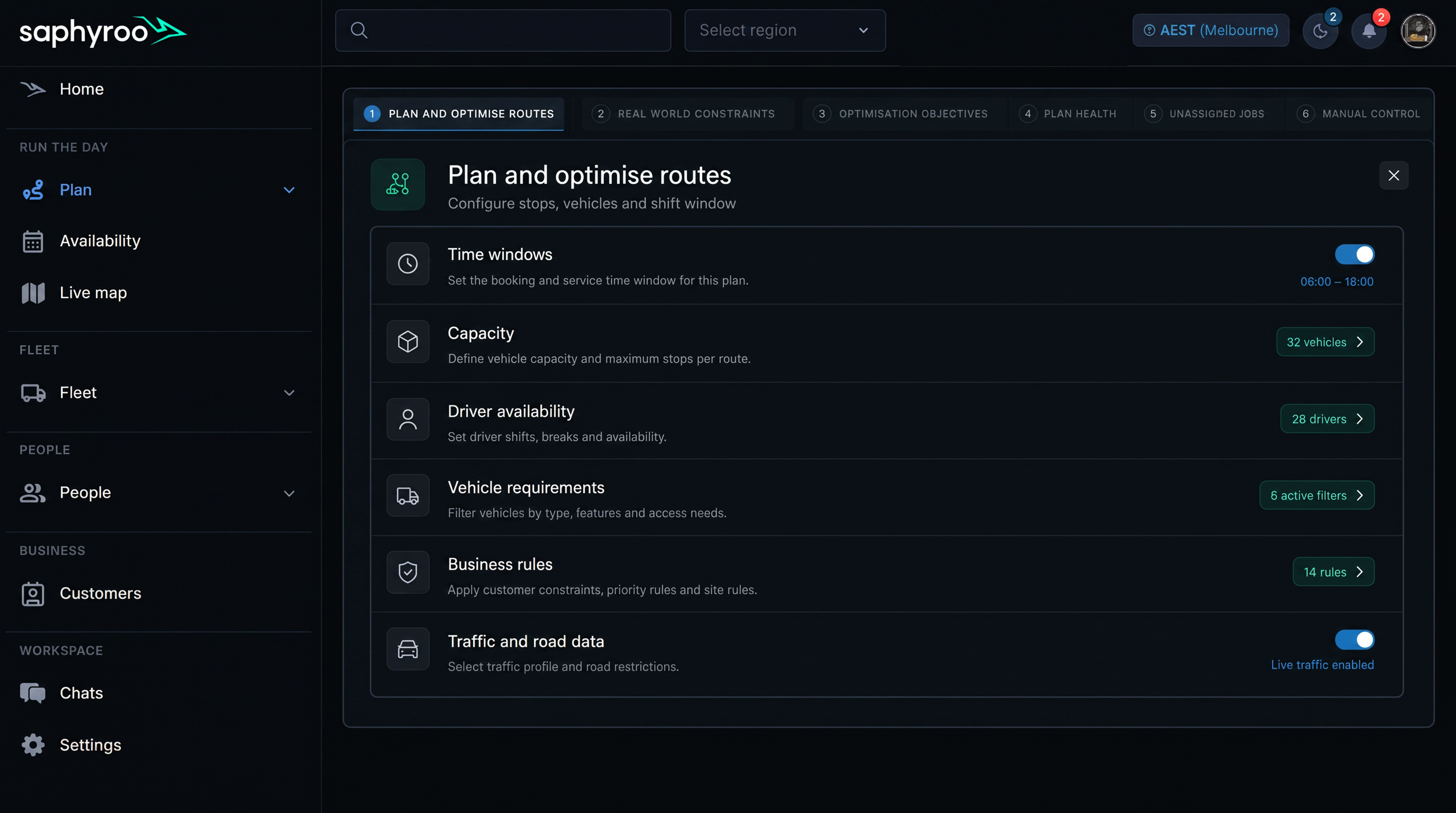Constraints panel: time windows, capacity, driver availability, vehicle requirements, business rules and traffic and road data, each with its own line of detail. 16:9, dark UI.