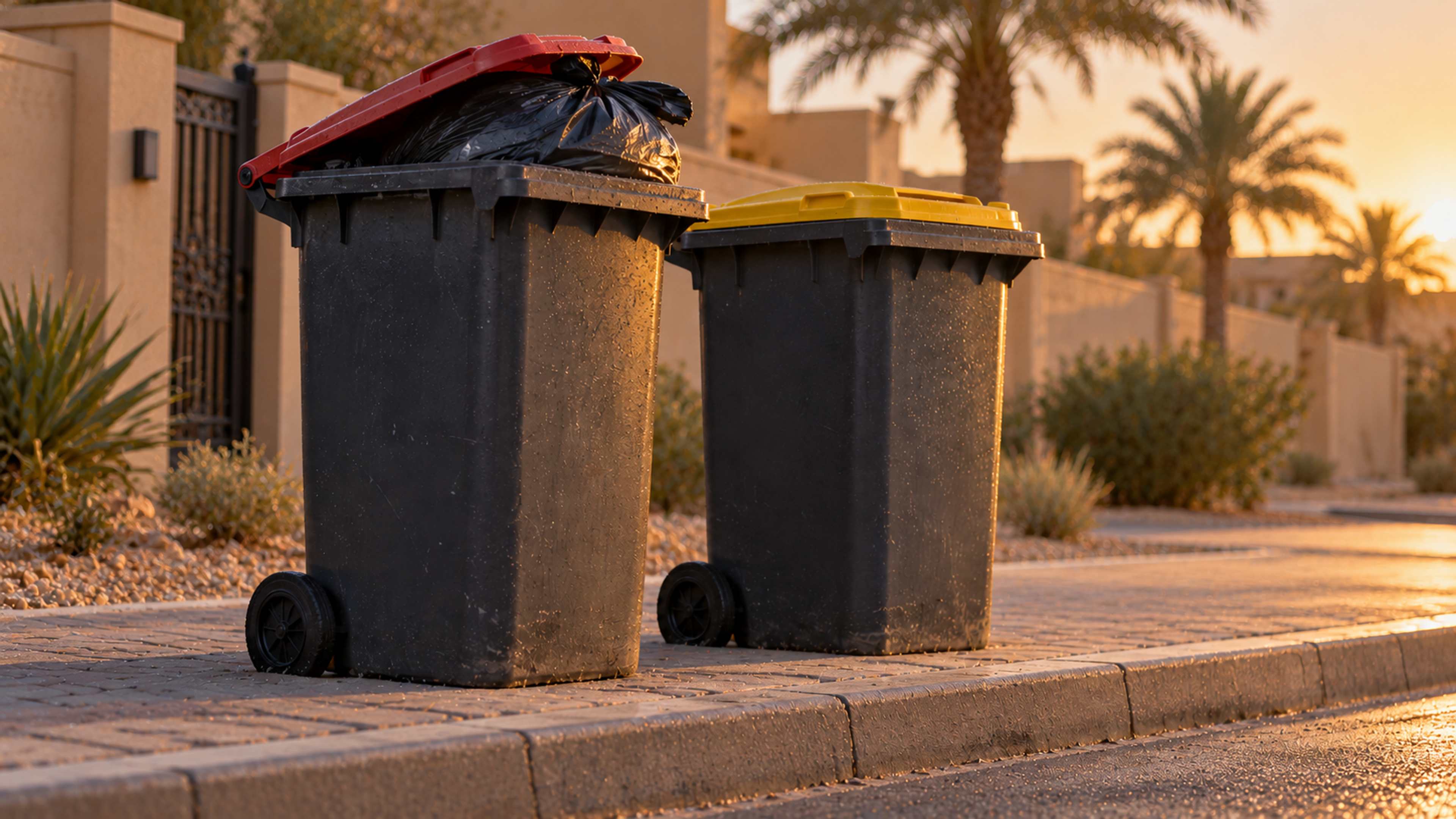 Editorial image: a kerbside bin at first light. No text in the artwork.
