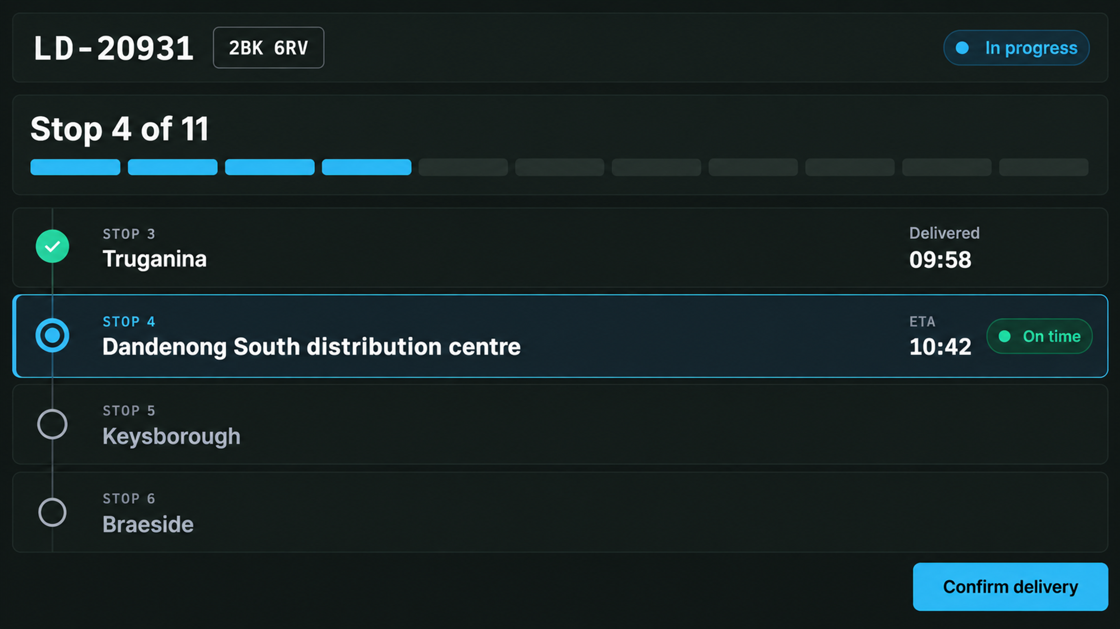 Execution view: a load in progress with stop 4 of 11, the ETA and the confirm-delivery action.