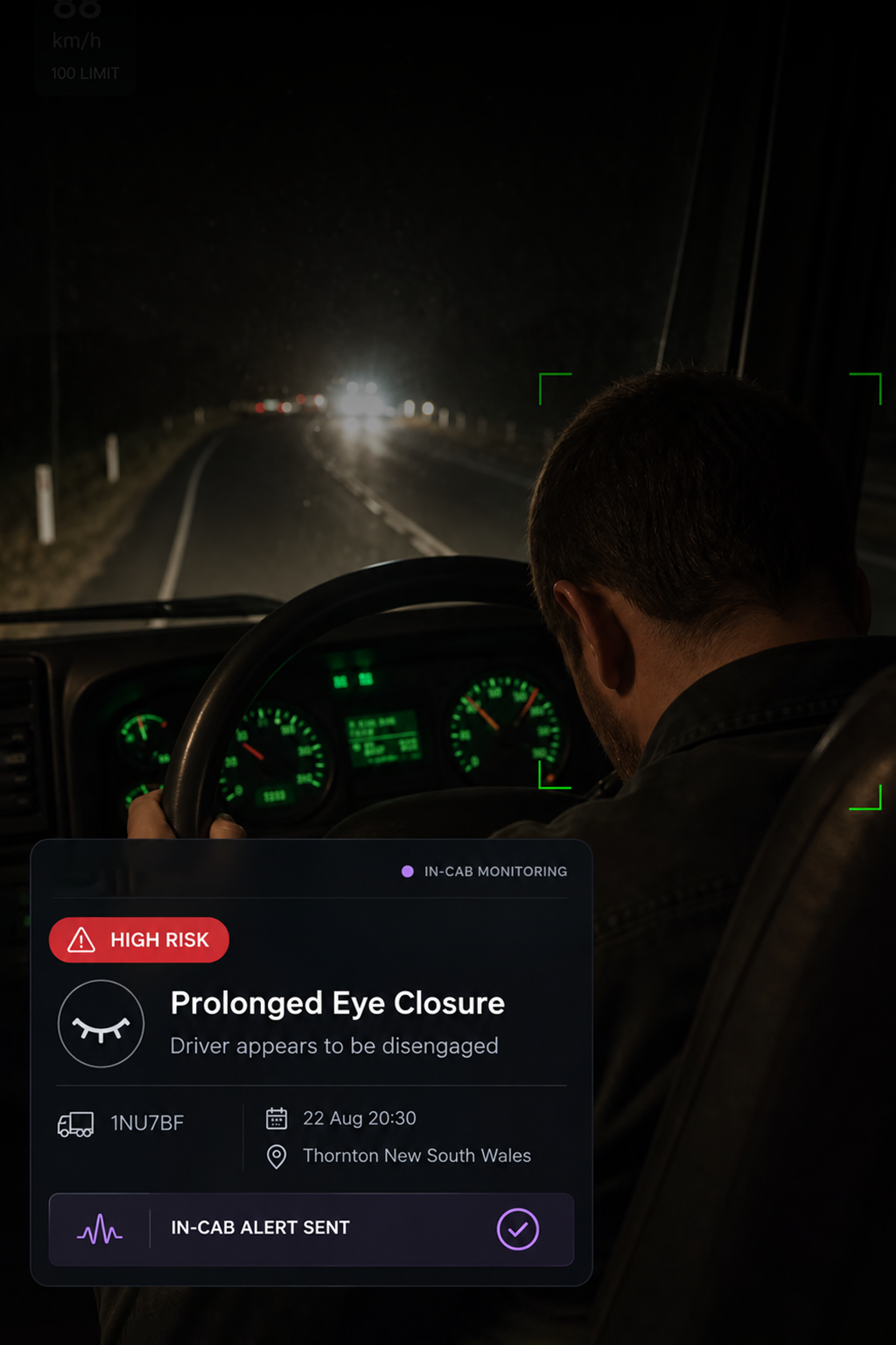 Photograph: a truck cab interior at night, the in-cab display lit, driver in frame from the side. Portrait 3:4, dark and cool, room at the top for a heading, no text in the artwork.