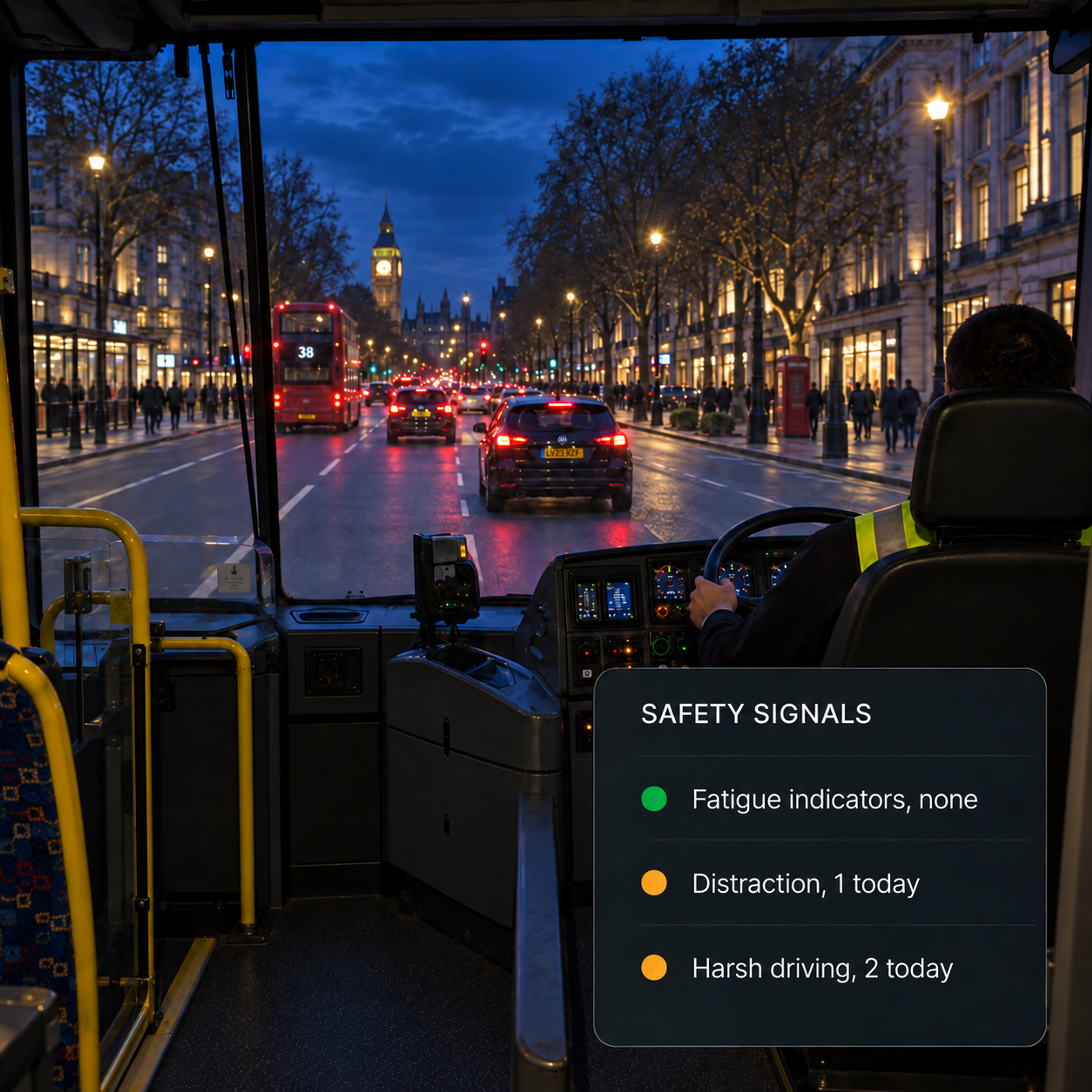 Safety signals view: fatigue, distraction and harsh driving indicators as they surface.