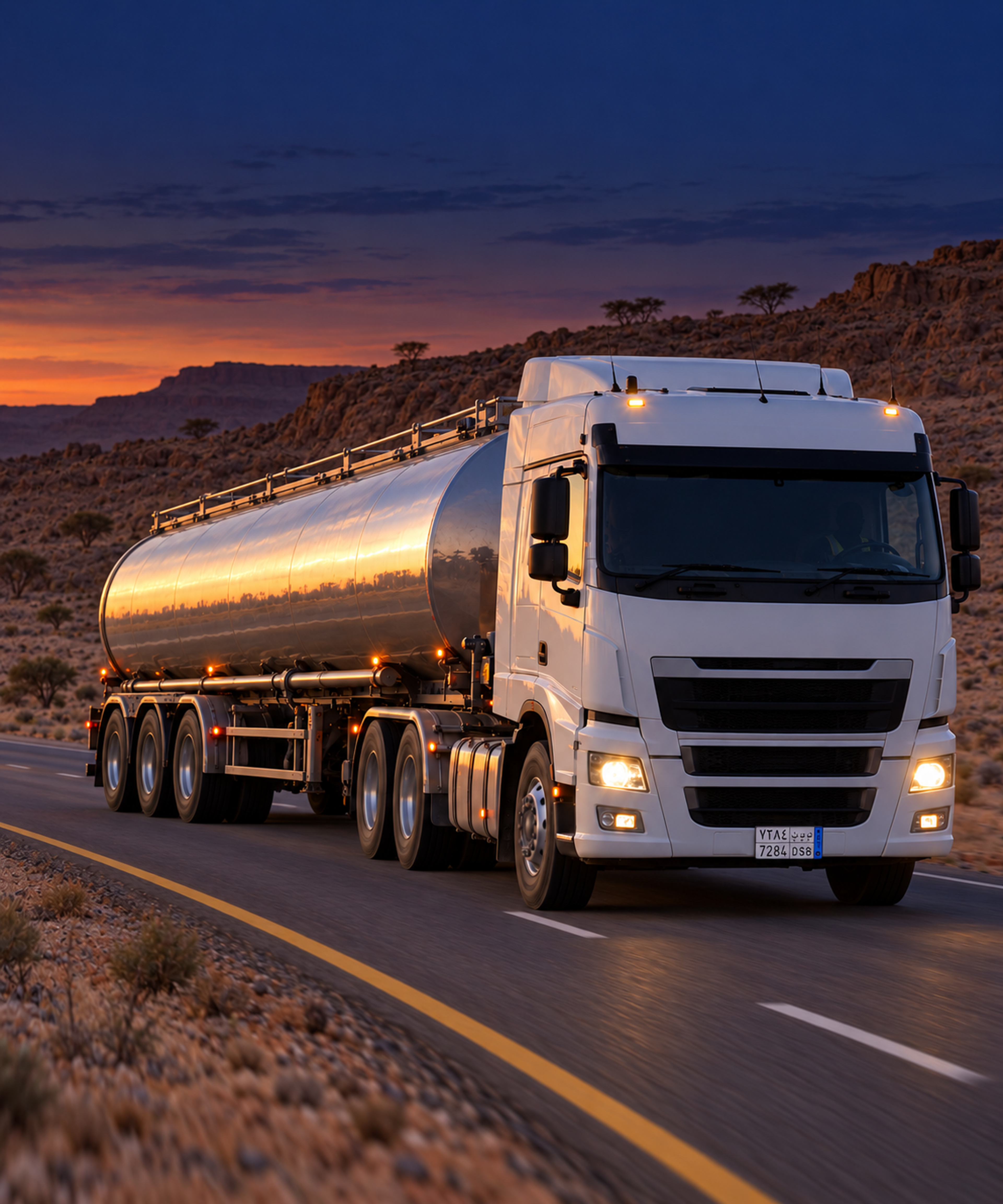 Photograph: a heavy vehicle on a remote highway at dusk. Dark and cool, room at the top, no badges or text in the artwork.