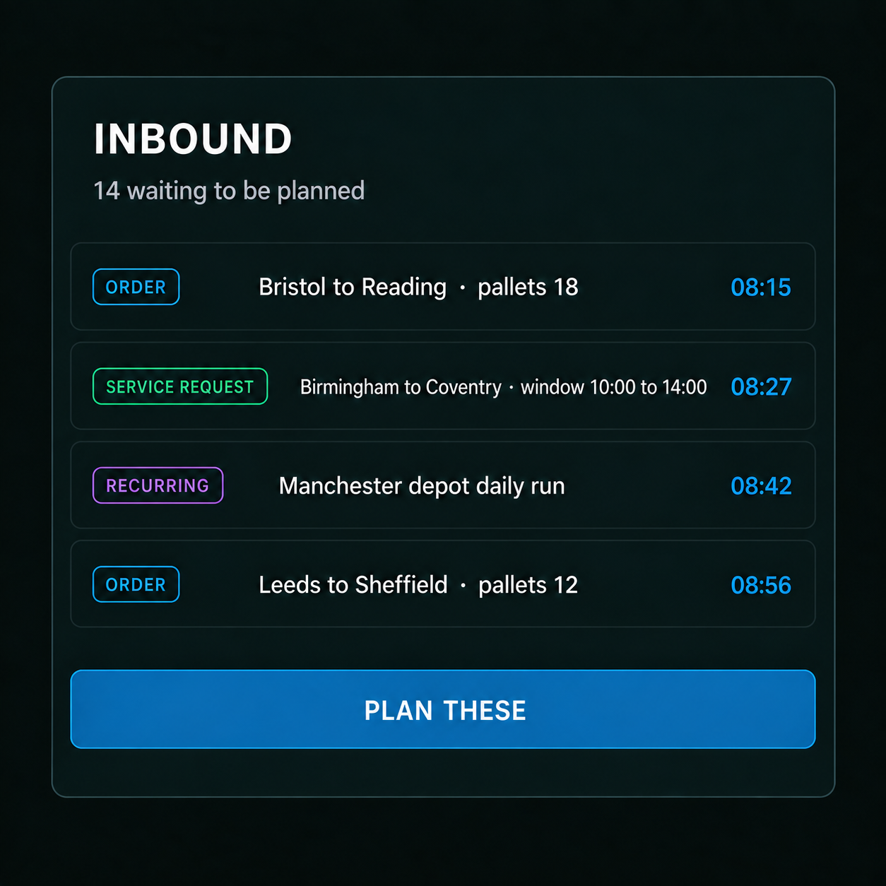 Inbound work list: orders and service requests waiting to be planned.