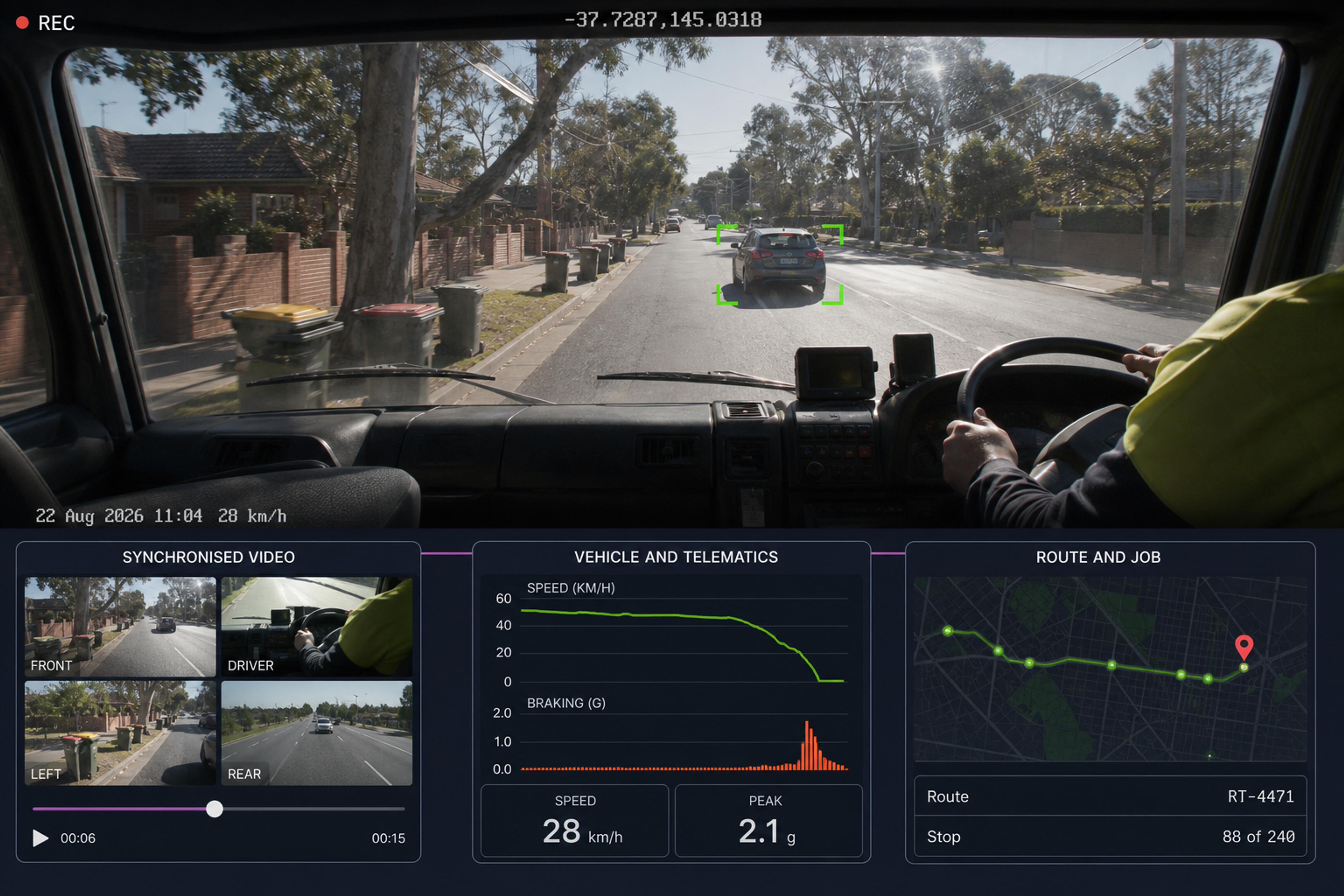 The three evidence panels side by side: synchronised multi-camera video over its timeline, a speed and braking chart, and the route map with the stop and delivery reference. 4:3, dark UI.
