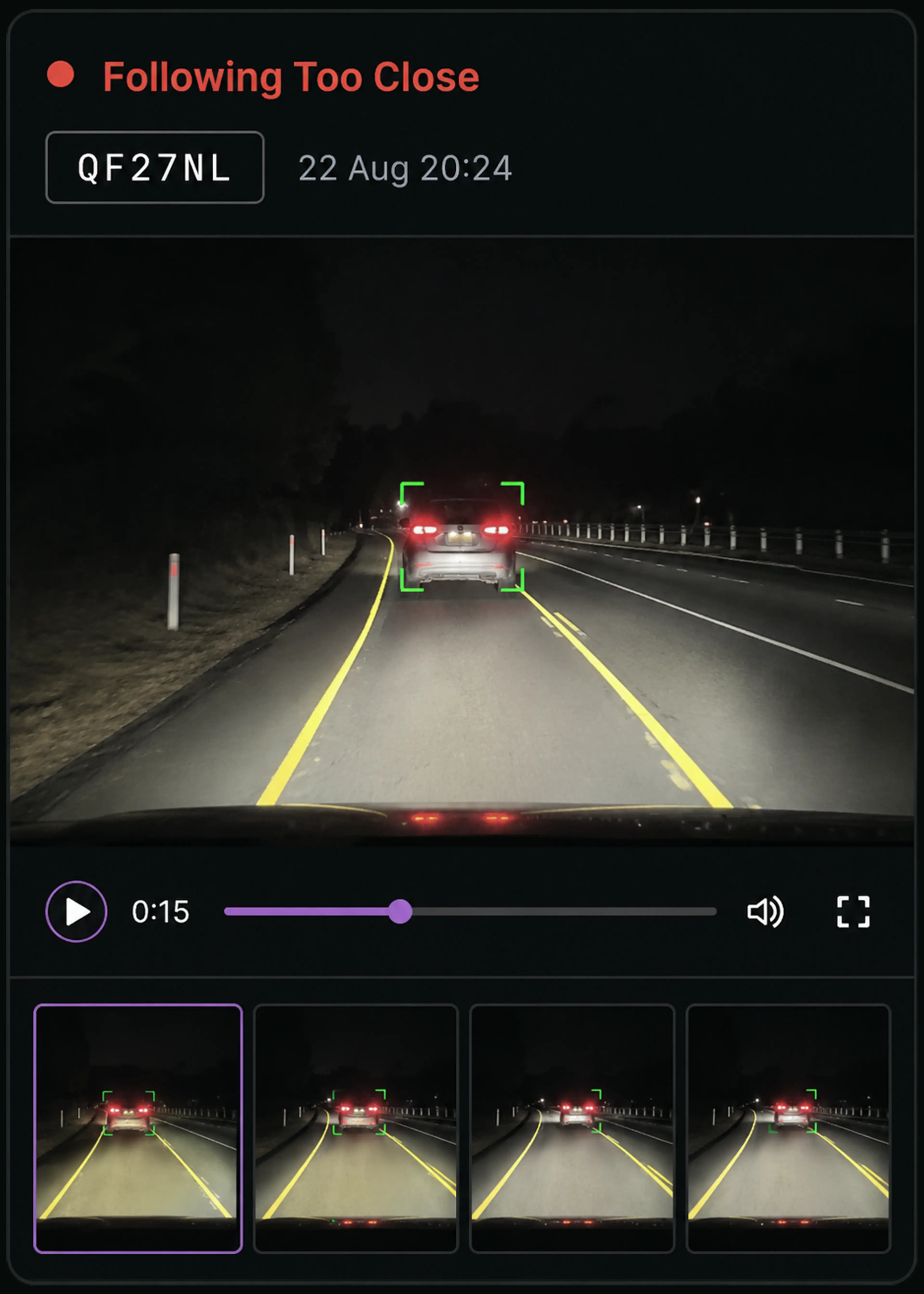 Vision360 camera event: a following-too-close alert with the video still and a strip of frames.
