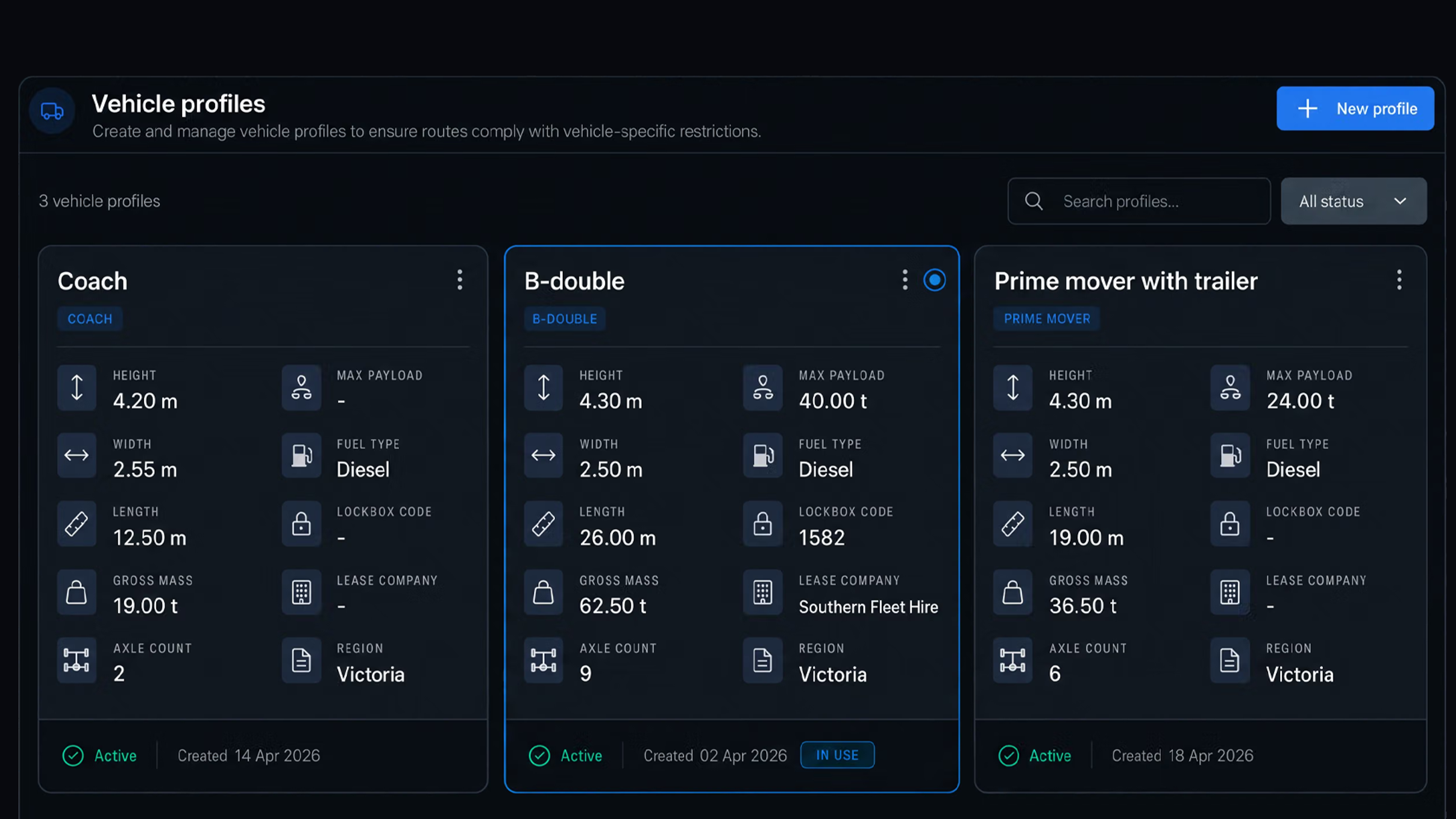 Vehicle profiles panel: coach, B-double and prime mover with trailer, each with its dimensions and mass. 16:9, dark UI.