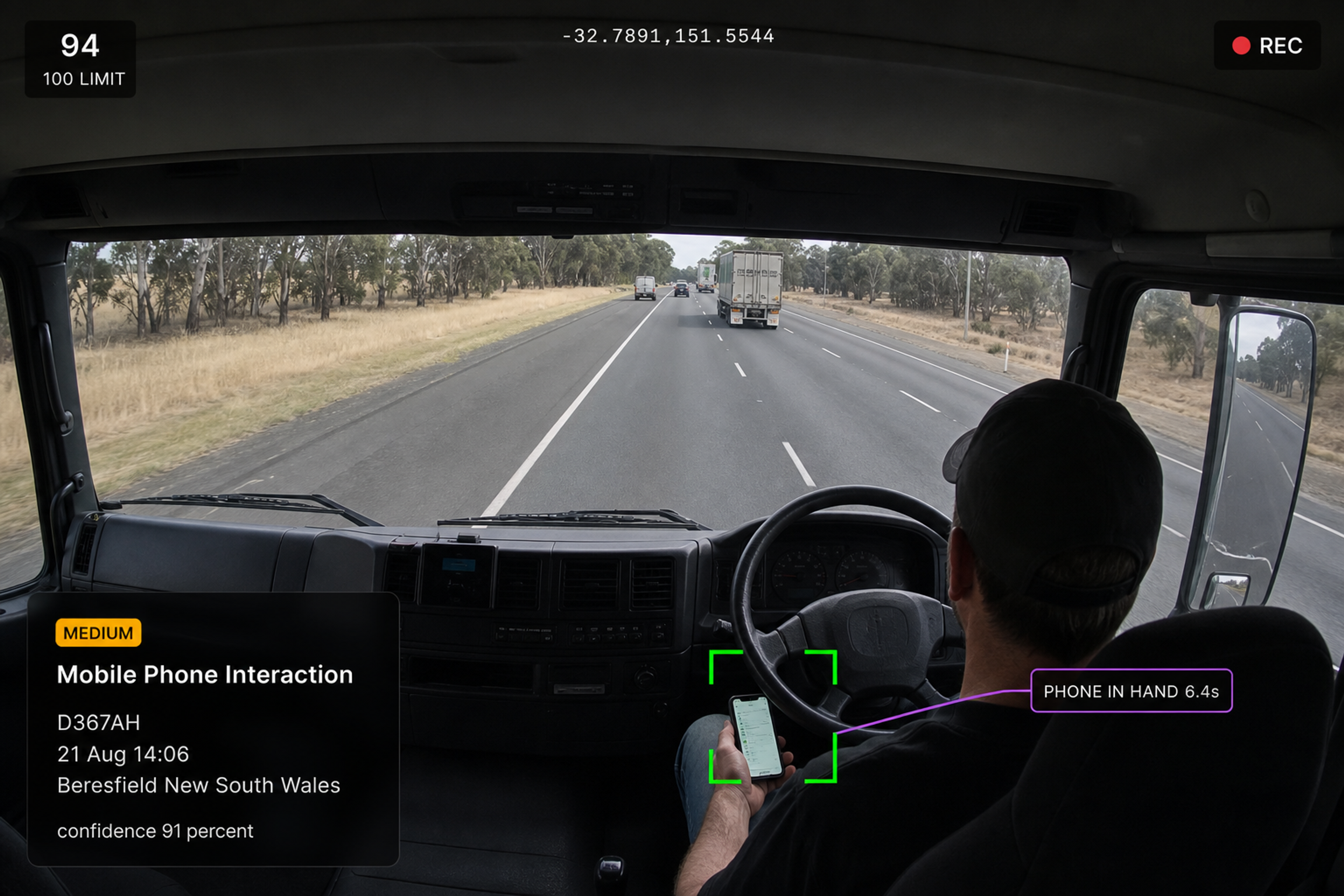 Vision360 distraction event review: the distraction event header with phone use detected, the in-cab video with the driver's face boxed, the detected behaviour and confidence panel, the event details list, and the ten seconds before and after strip. 4:3, dark UI, 2000x1500.