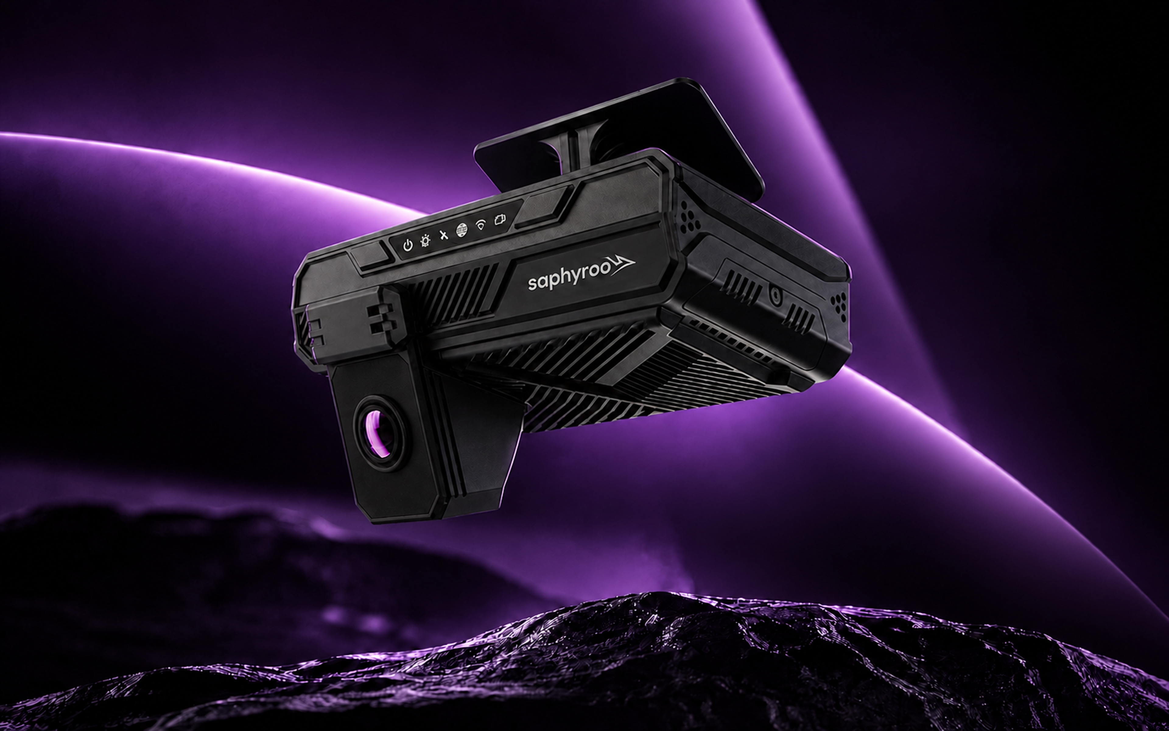 Saphyroo AI dash camera, road lens forward, against a sweep of purple light.