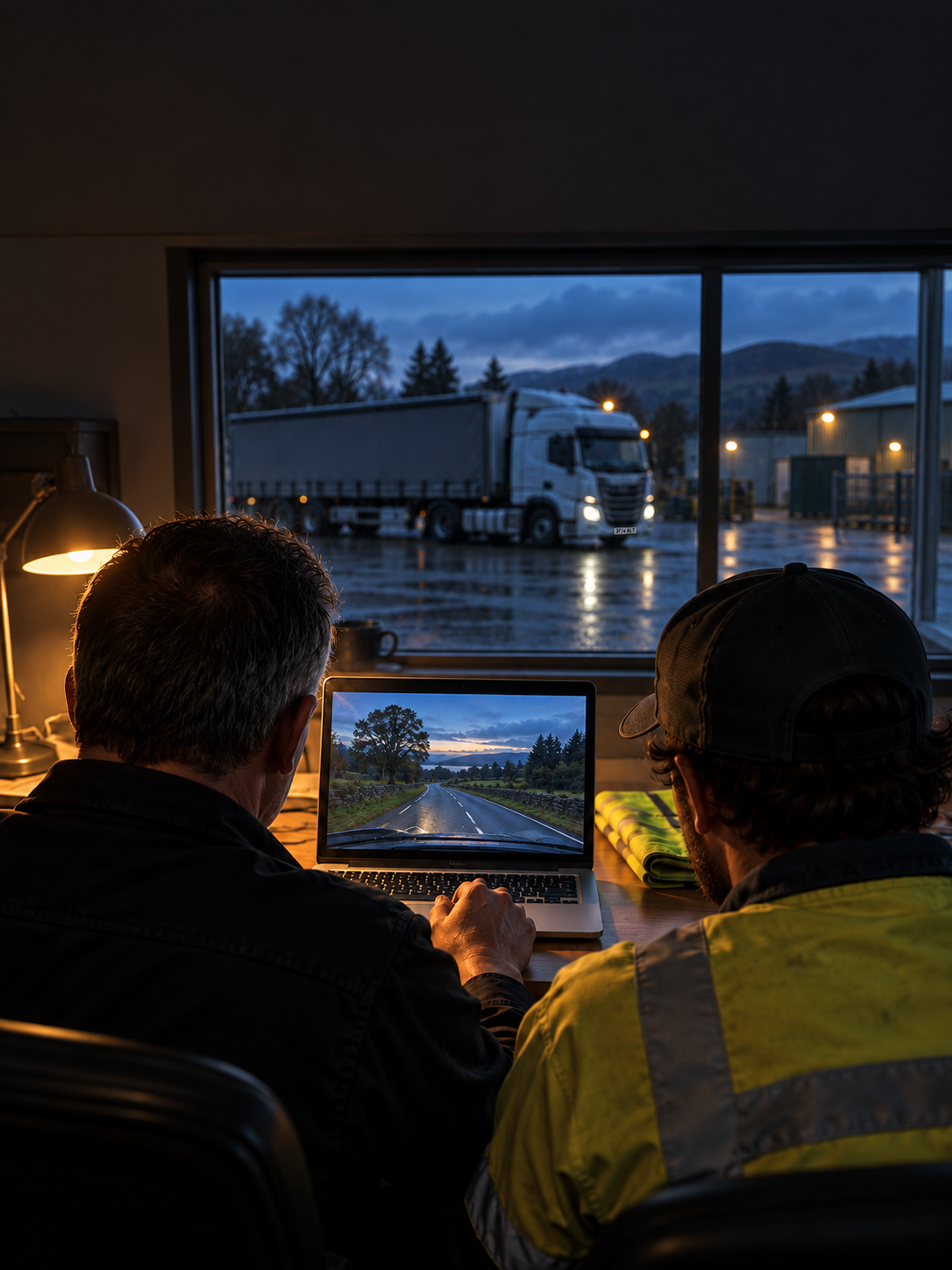 A coaching conversation at the depot, the recorded event playing on a laptop