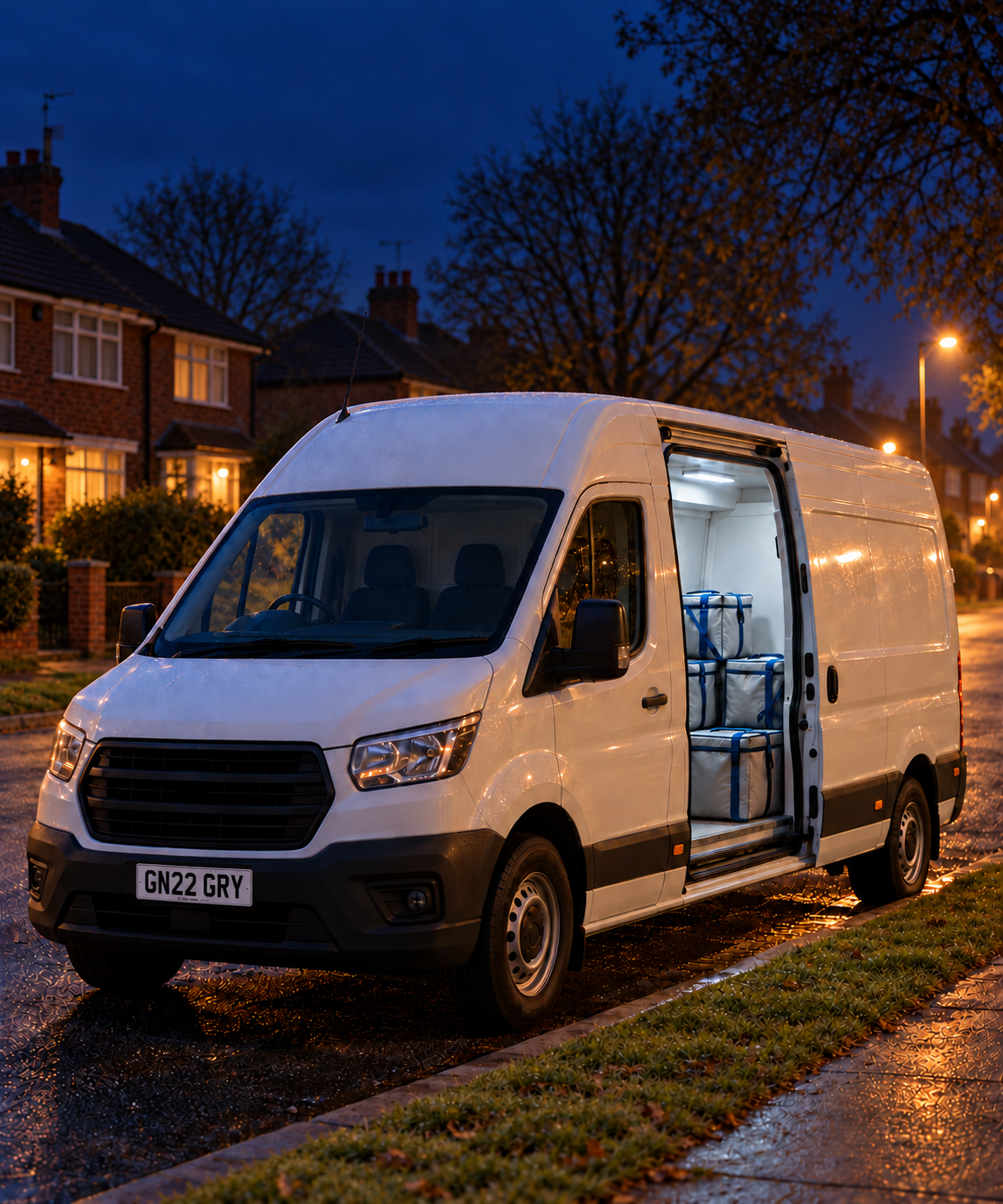 Photograph: a chilled delivery van on a suburban street in early light. Dark and cool, room at the top, no text in the artwork.