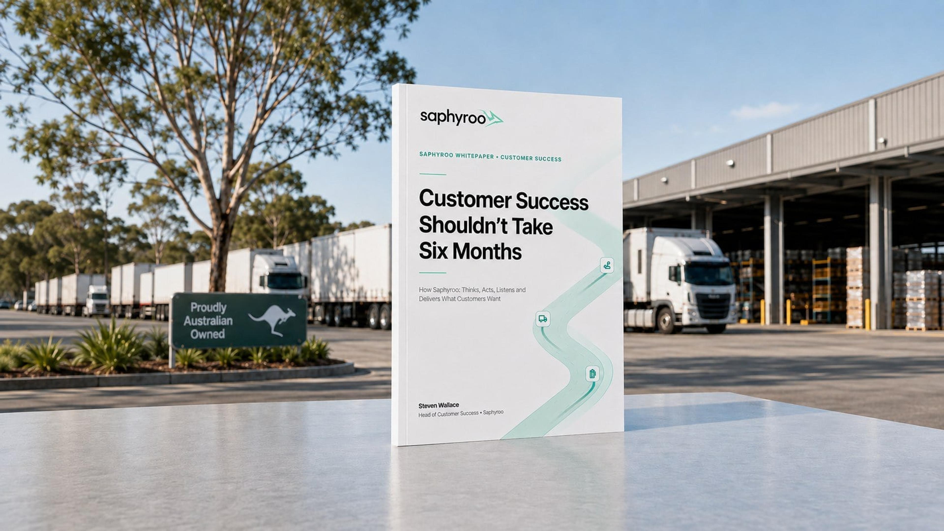 Saphyroo whitepaper cover titled Customer Success Shouldnt Take Six Months by Steven Wallace, standing in an Australian freight depot with parked trucks and a Proudly Australian Owned sign behind it
