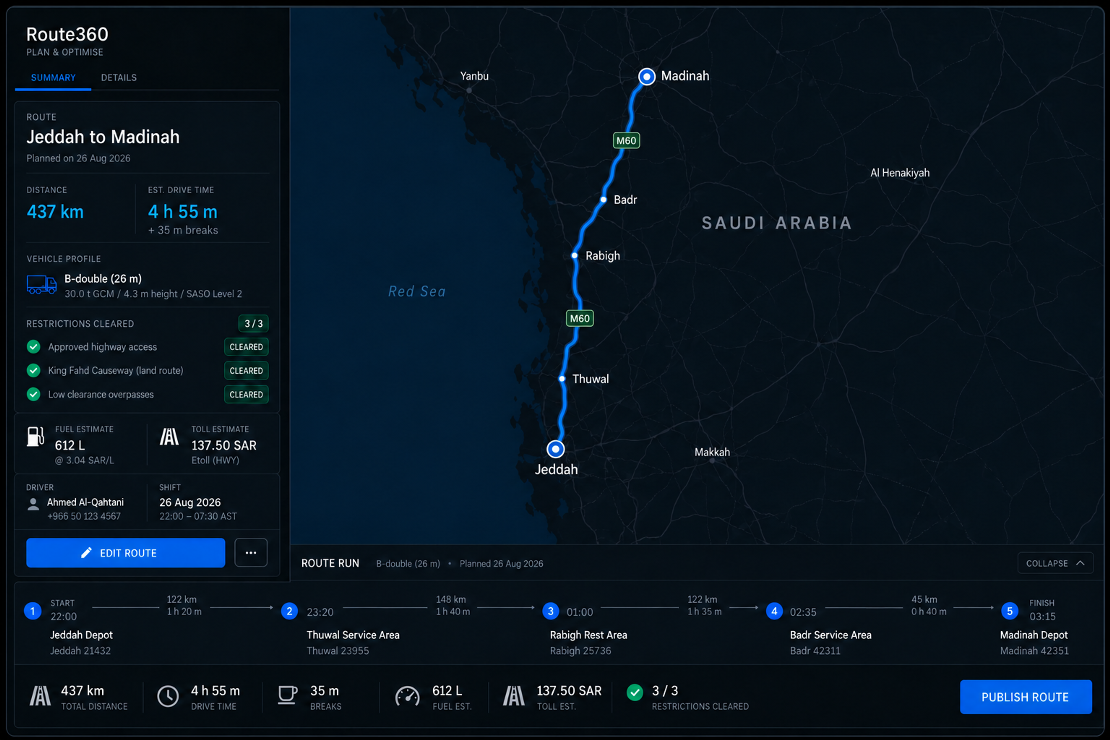 Route summary panel beside a long-haul route with clearance, turn and hazard markers on it. 16:9, dark UI.