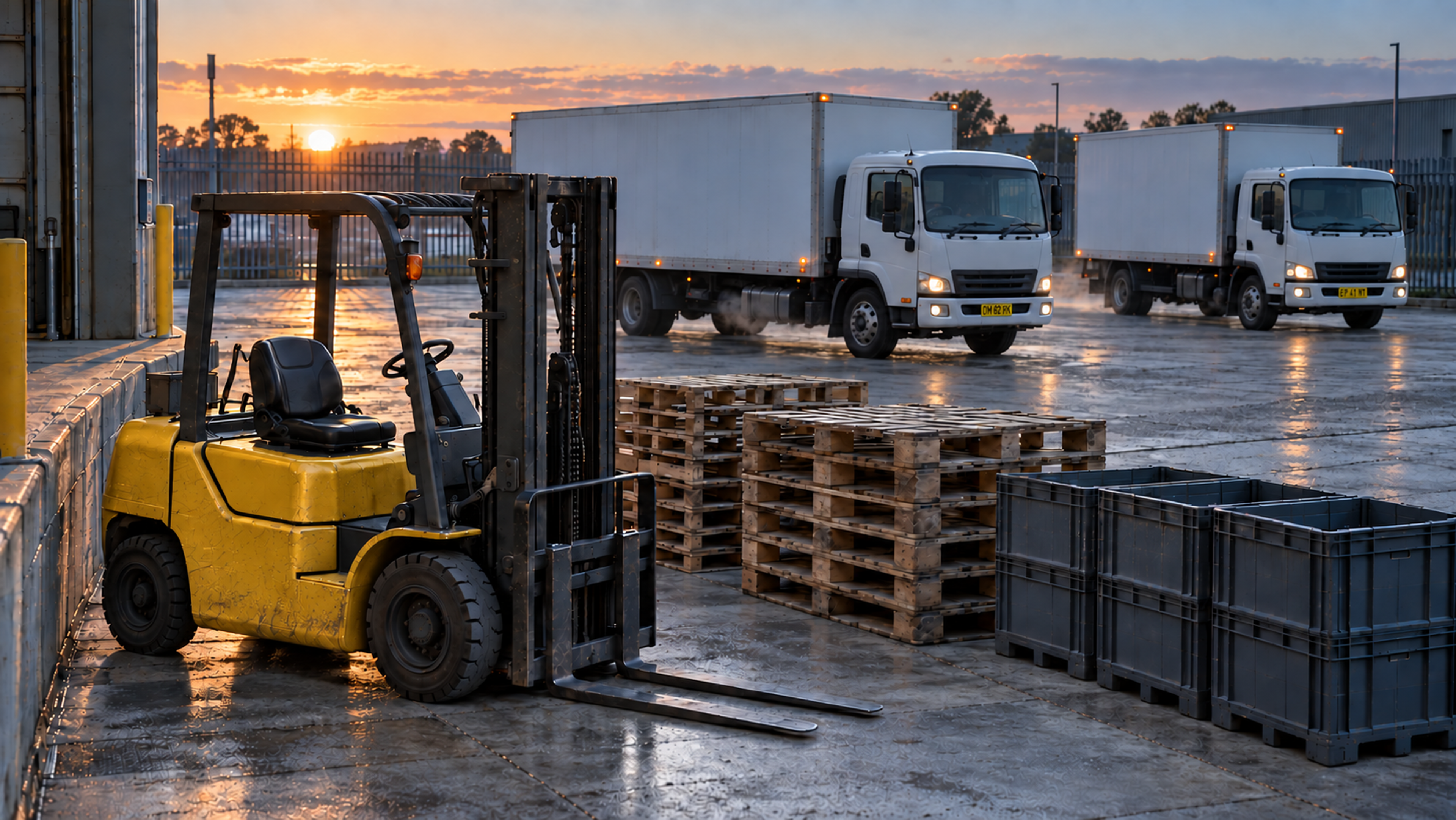 Editorial image: a depot yard at first light. No text in the artwork.