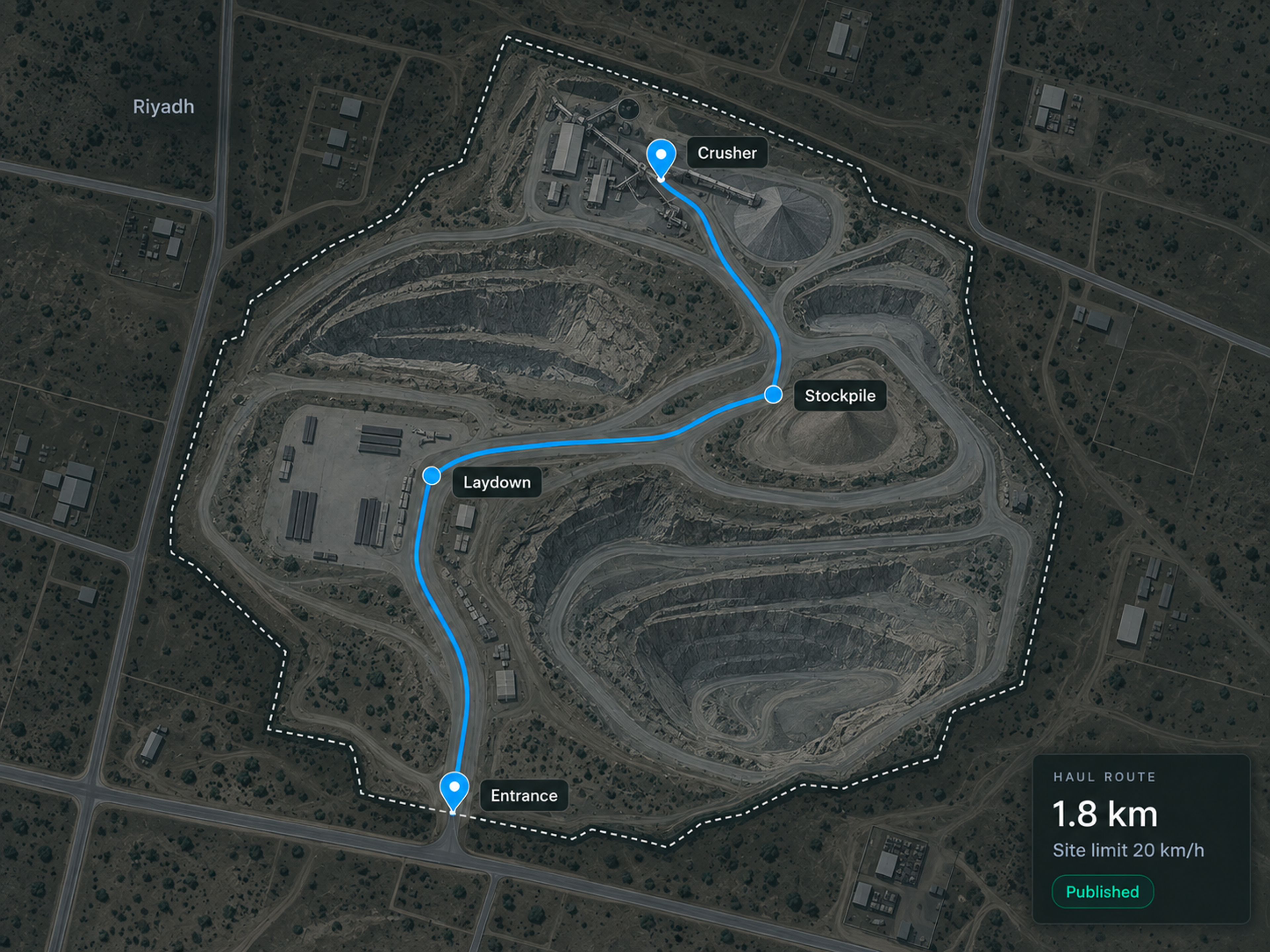Route360 site planning: an internal haul route across a site with entrance, stockpile, crusher and laydown marked.