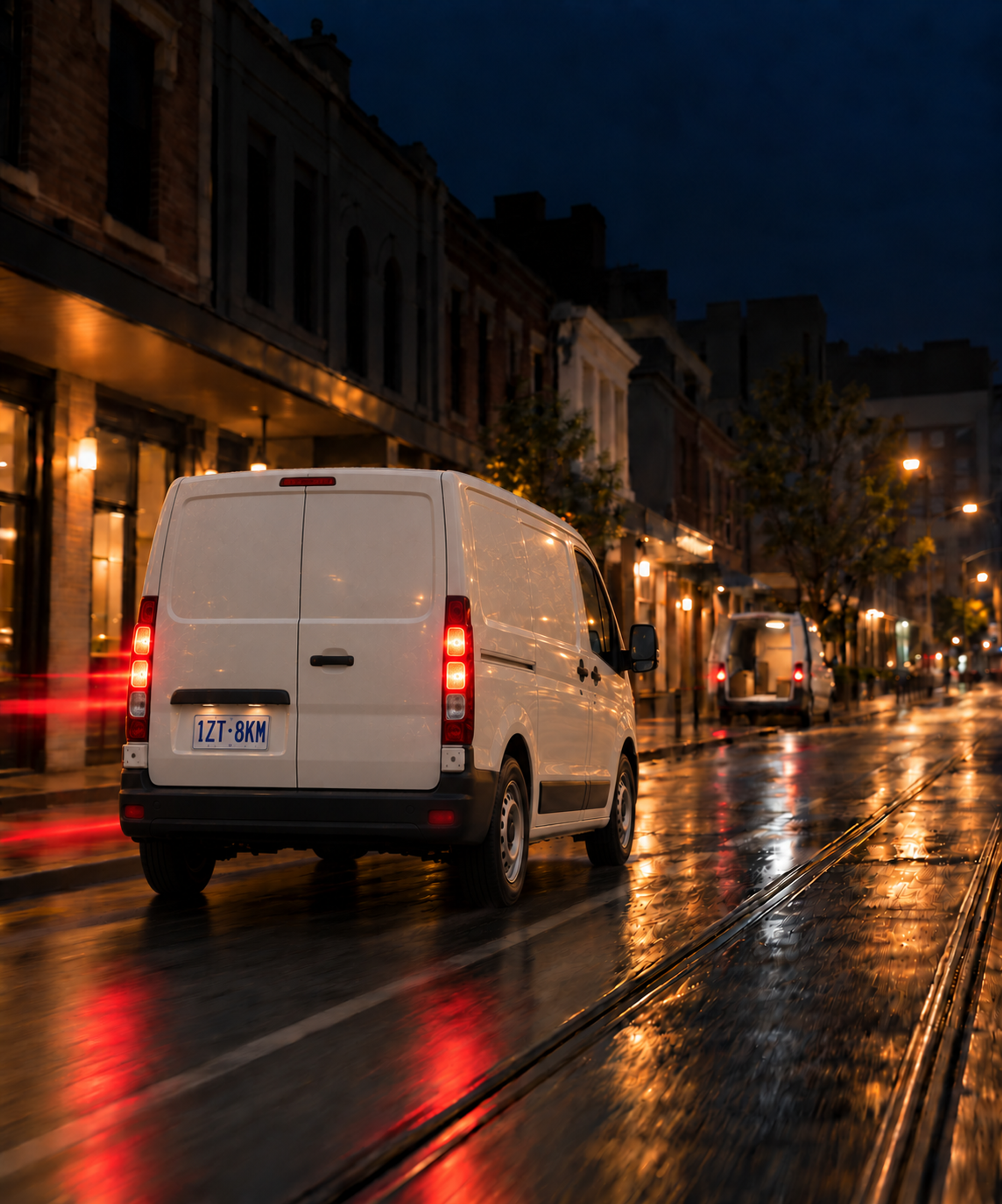 Photograph: a city street at night with a delivery vehicle mid-round. Dark and cool, room at the top, no text in the artwork.