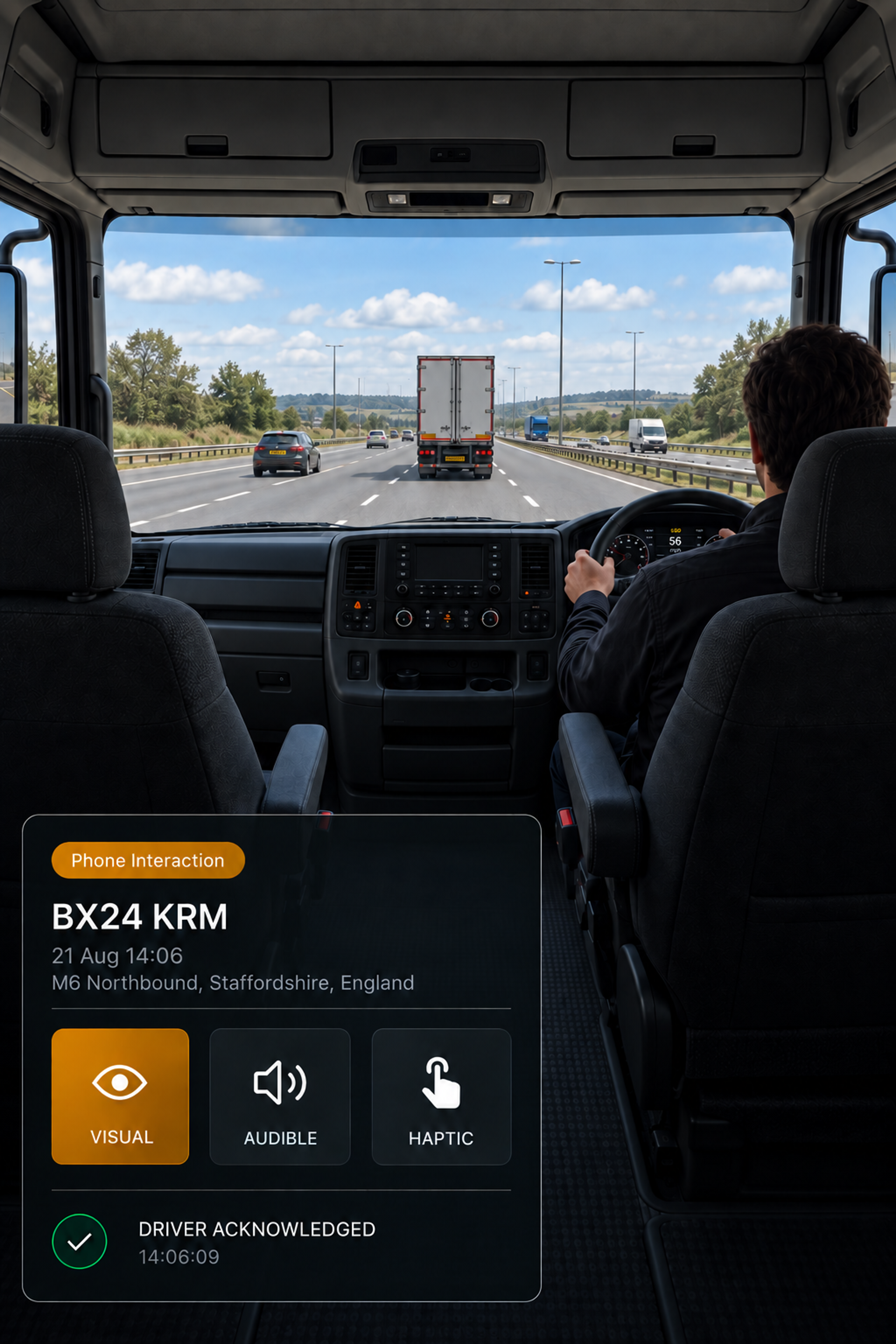 Photograph: a truck cab interior in daylight, the in-cab display lit on the dash, driver in frame from the side. Portrait 3:4, dark and cool, room at the top for a heading, no text in the artwork.