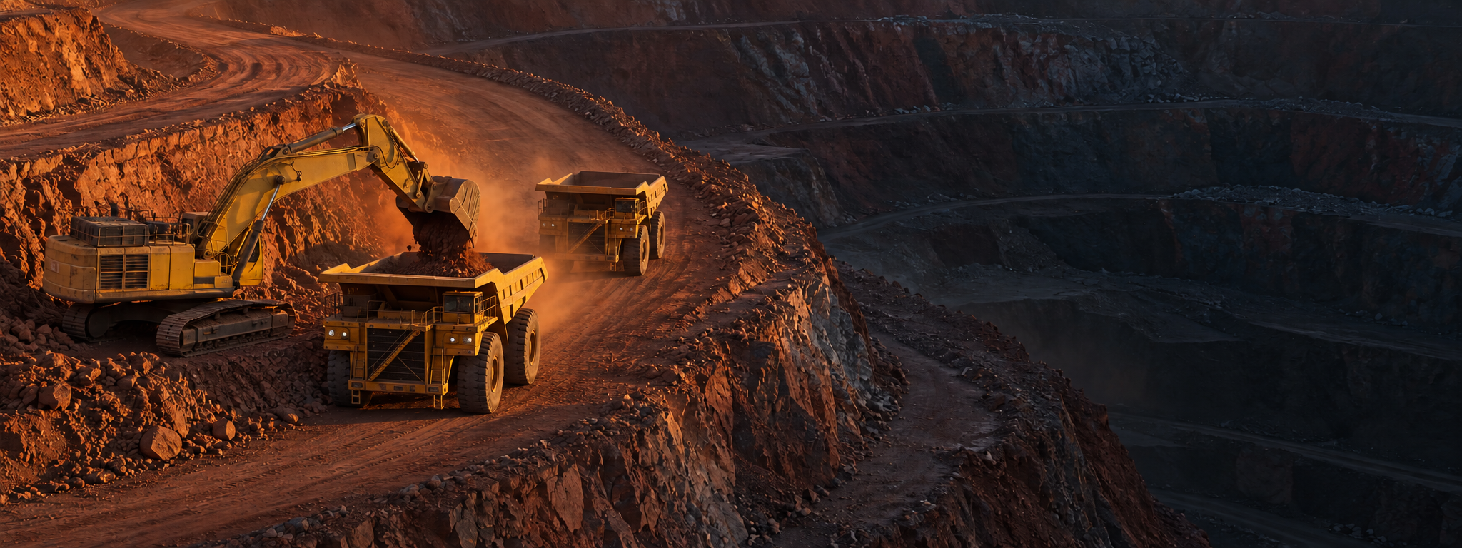Haul trucks and an excavator working an open-cut bench at golden hour, shot from height. No visible manufacturer badges. Dark and cool enough for a panel to sit over the right third. No text in the artwork. 2400x900.