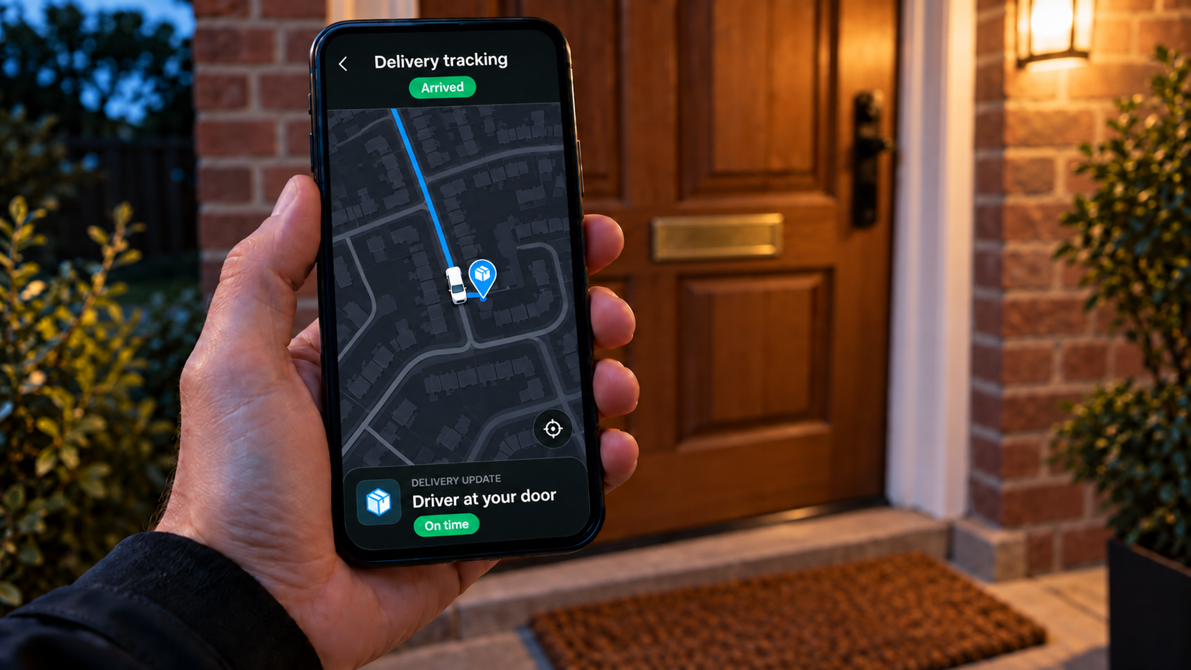 Editorial image: a handset showing a live map, held at a doorstep. No text in the artwork.