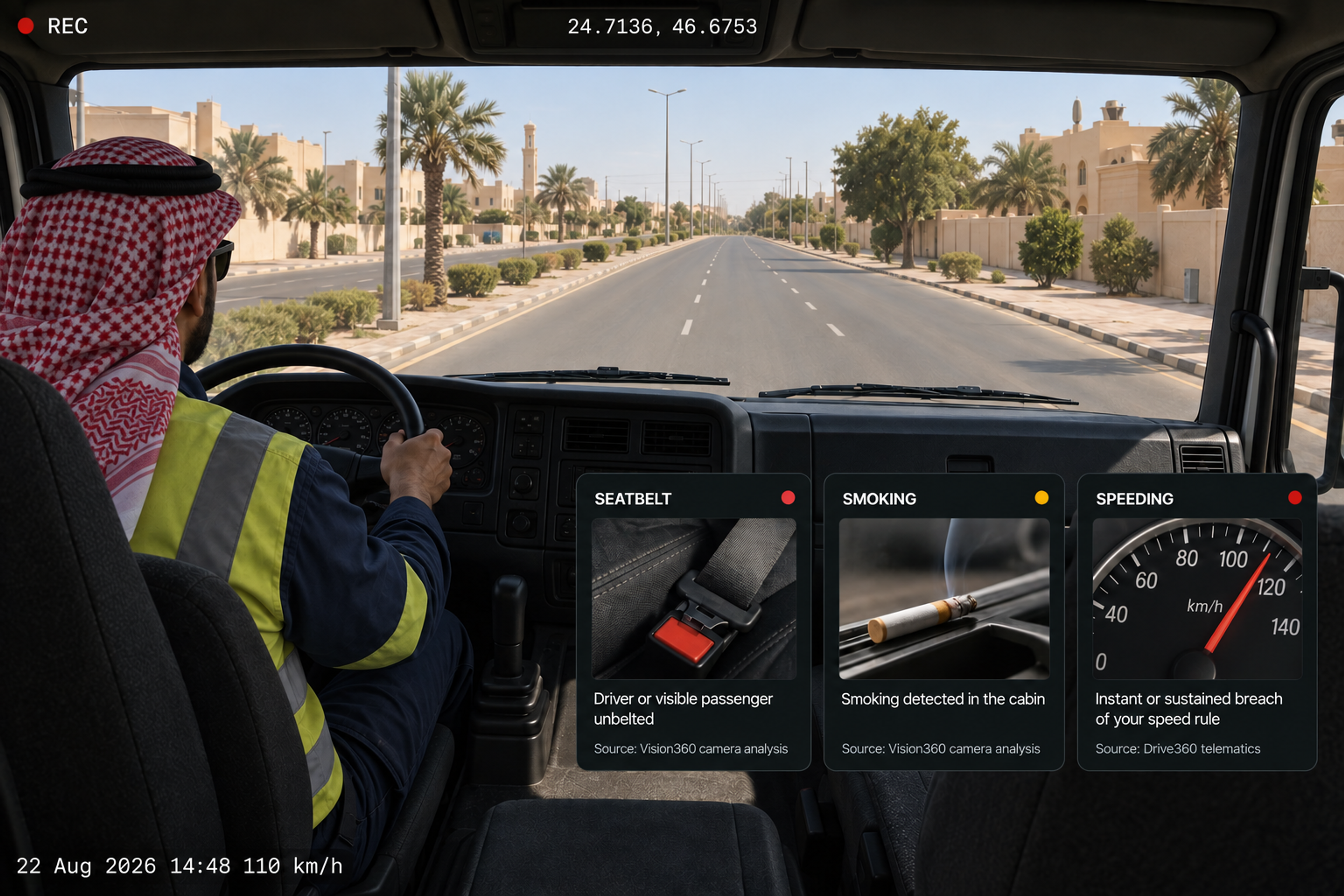 The three event types side by side, each with its own tinted card, image and source line: a fastened seatbelt buckle, smoking in-cab, and a speedometer past the limit. 4:3, dark UI.