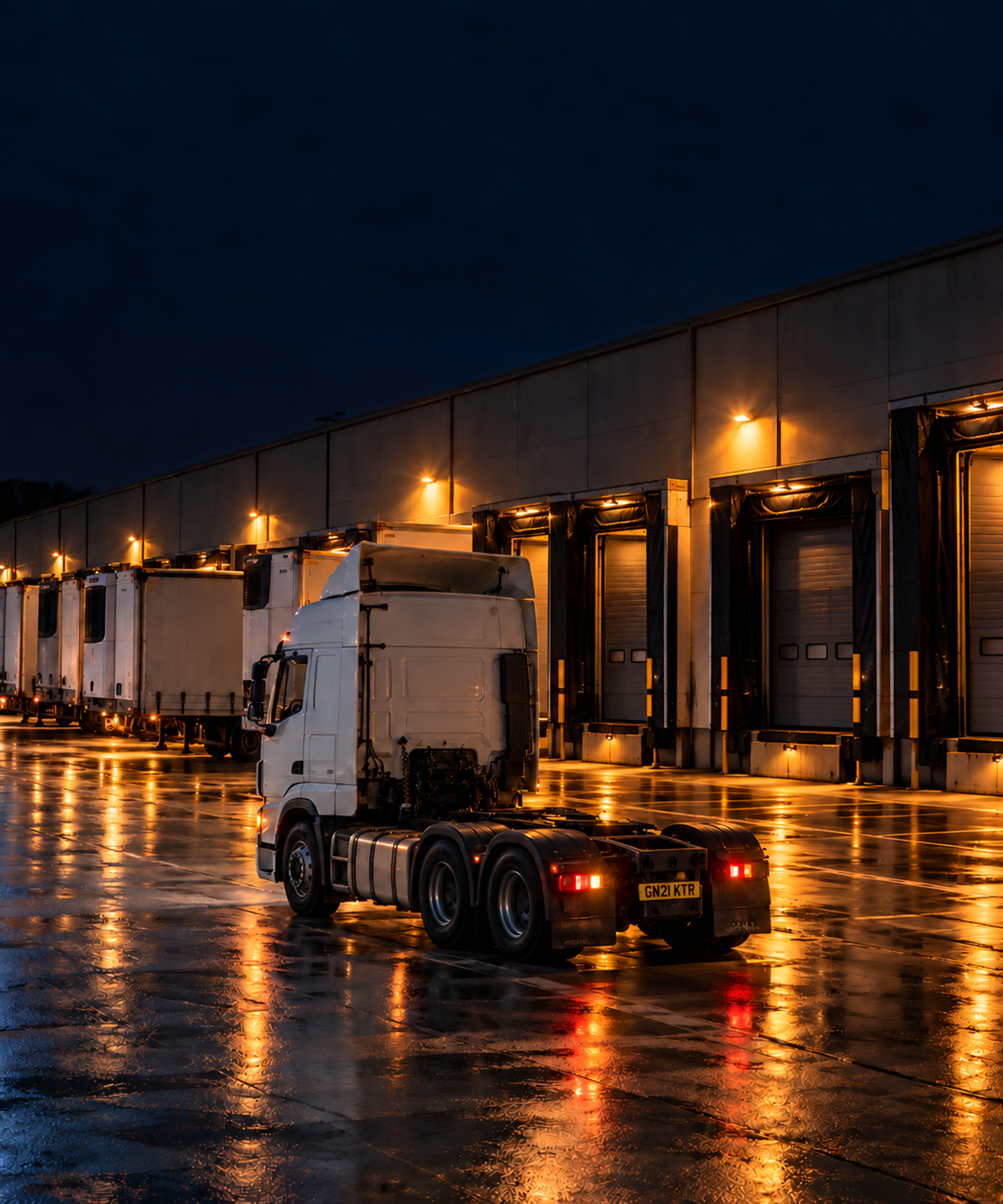 Photograph: a distribution yard at night with trailers on bays. Dark and cool, room at the top, no text in the artwork.