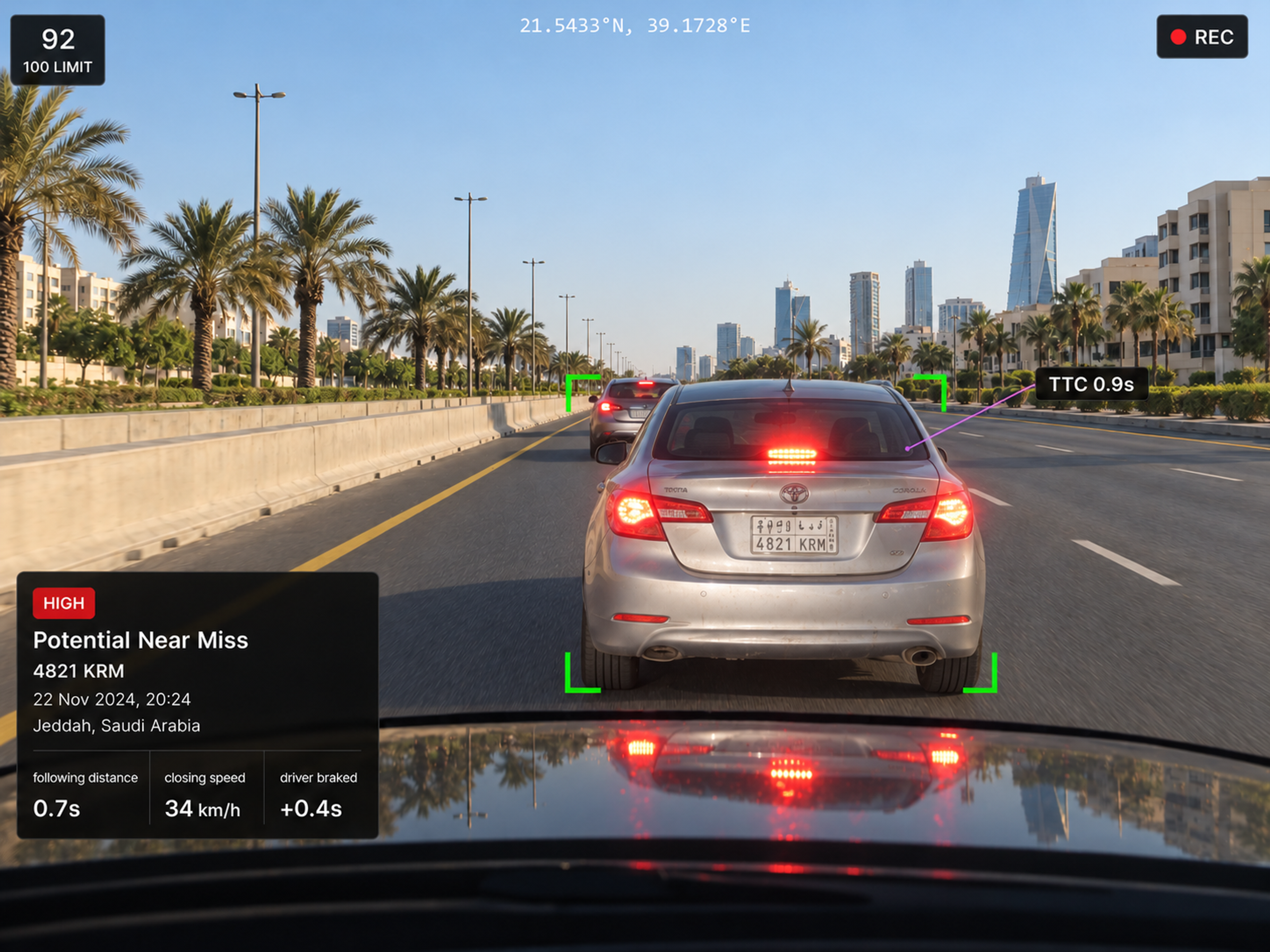 Vision360 near-miss event review: the potential near-miss header, road-facing video with the lead vehicle boxed and an estimated time to collision overlay, the event summary with confidence, the key metrics list, and the ten seconds before and after strip. 4:3, dark UI, 2000x1500.