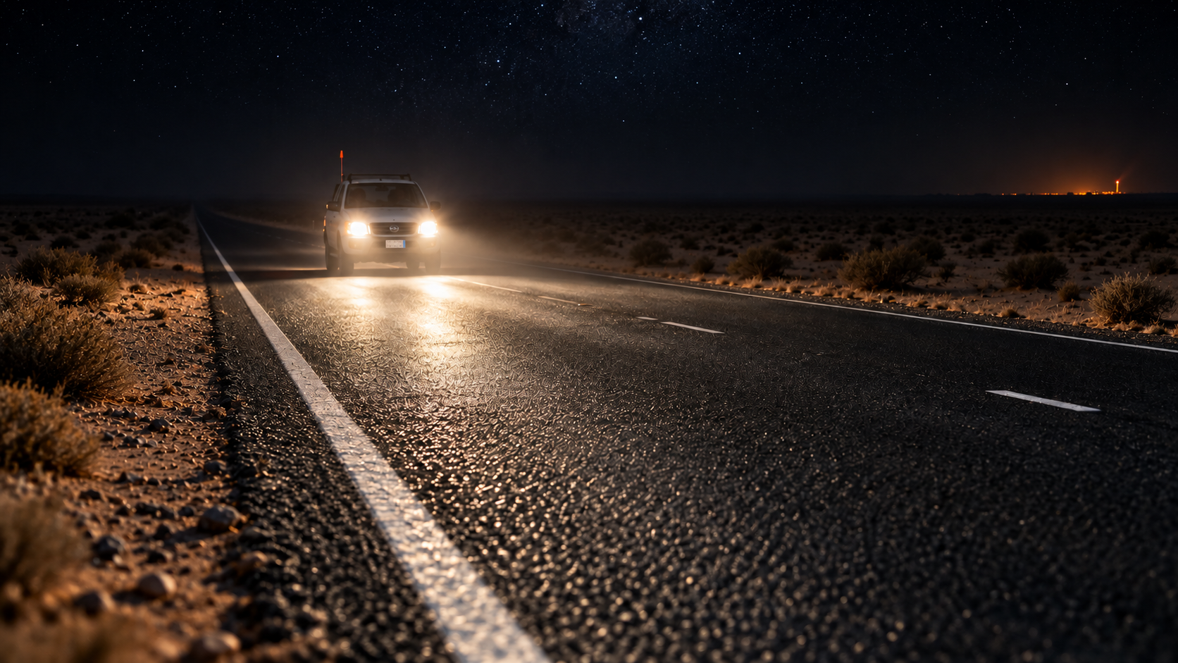 Editorial image: headlights on a remote highway at night. No text in the artwork.