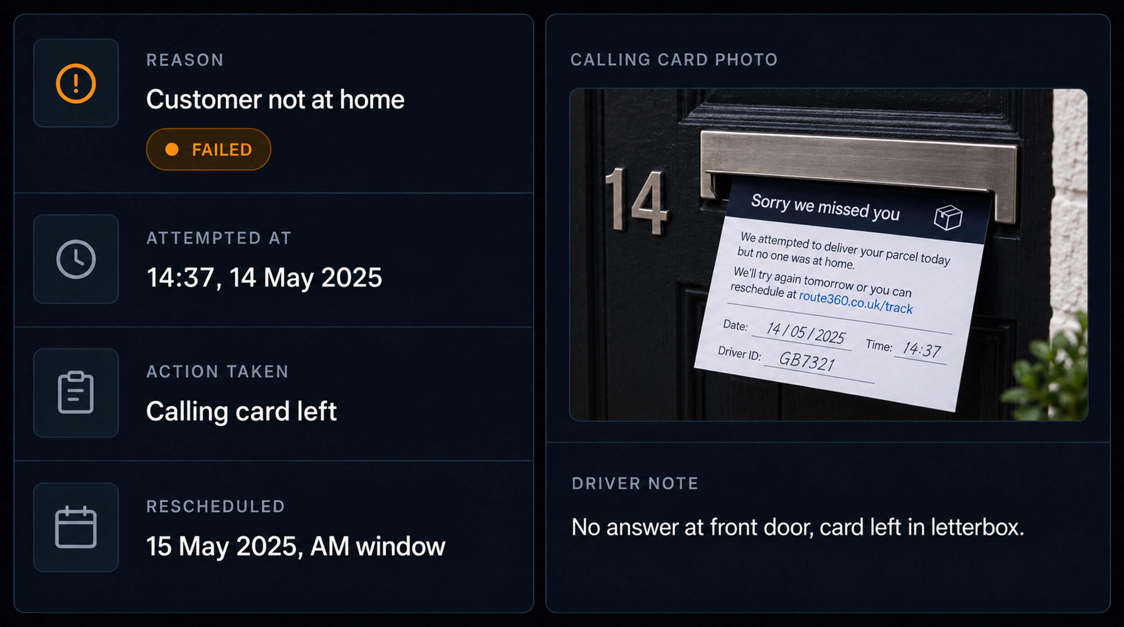 Failed delivery example: reason, attempted at, action taken, reschedule, with the calling-card photo and the driver's notes. 16:9.