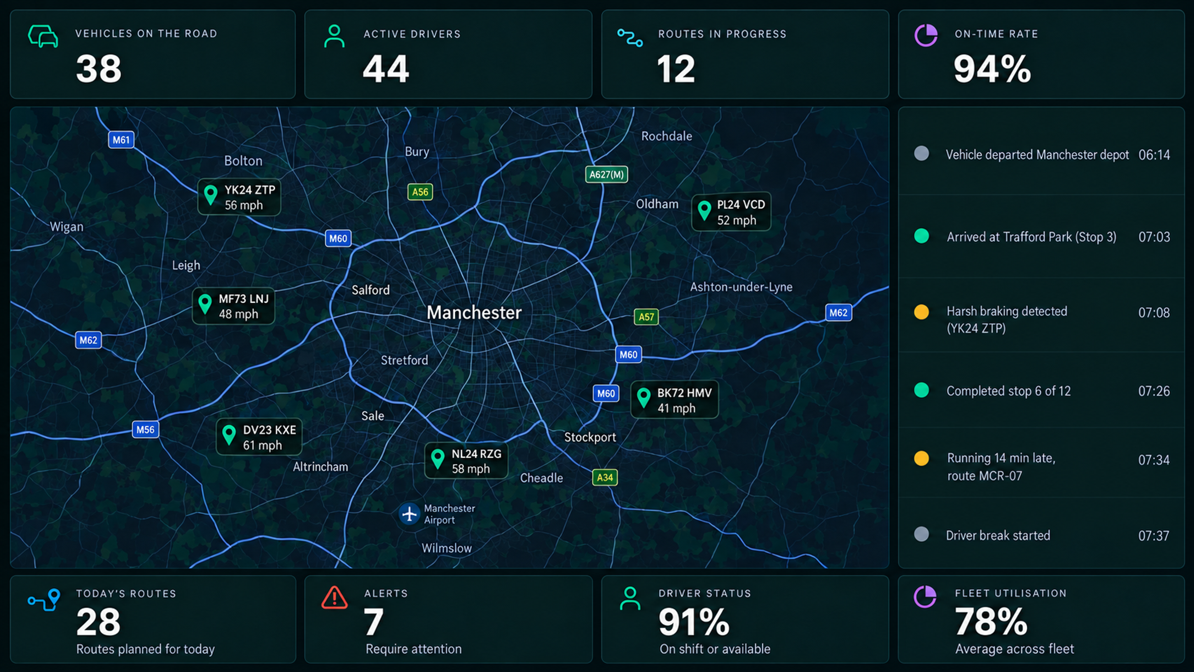 Saphyroo Command Centre, full width 16:10: counters across the top for vehicles on the move, active drivers, routes in progress and on-time rate, a live map with tracked vehicle pins and their speeds beneath, the live activity feed down the right, and today's routes, alerts, driver status and fleet utilisation along the bottom.