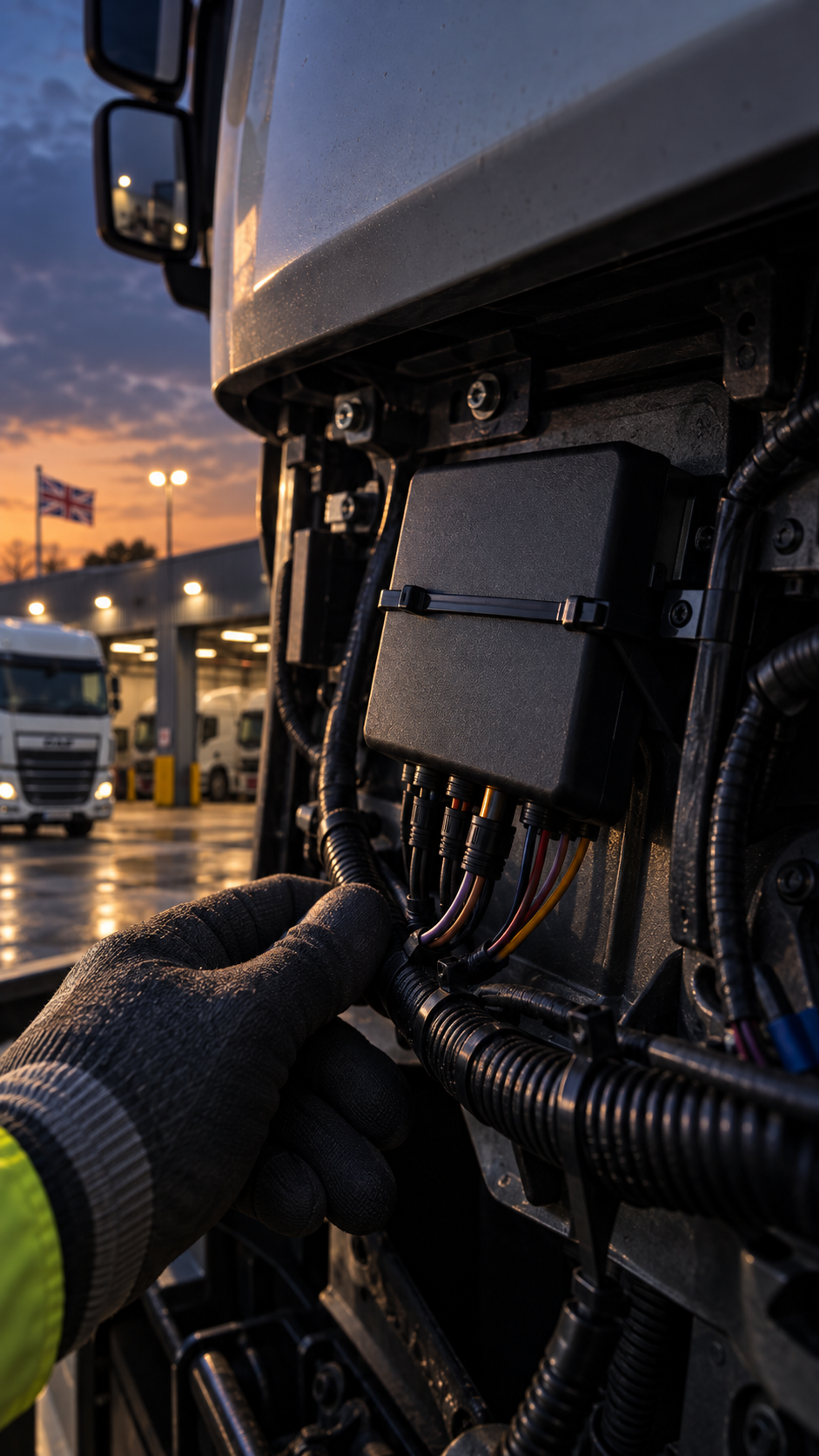 Photograph: a close, quiet detail of a vehicle telematics install. Dark and cool, room at the top, no text in the artwork.