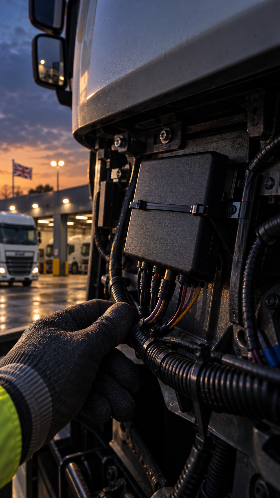 Photograph: a close, quiet detail of a vehicle telematics install. Dark and cool, room at the top, no text in the artwork.