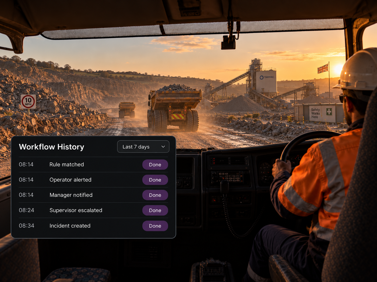 Workflow history panel with its date-range selector and step list. 4:3, dark UI.