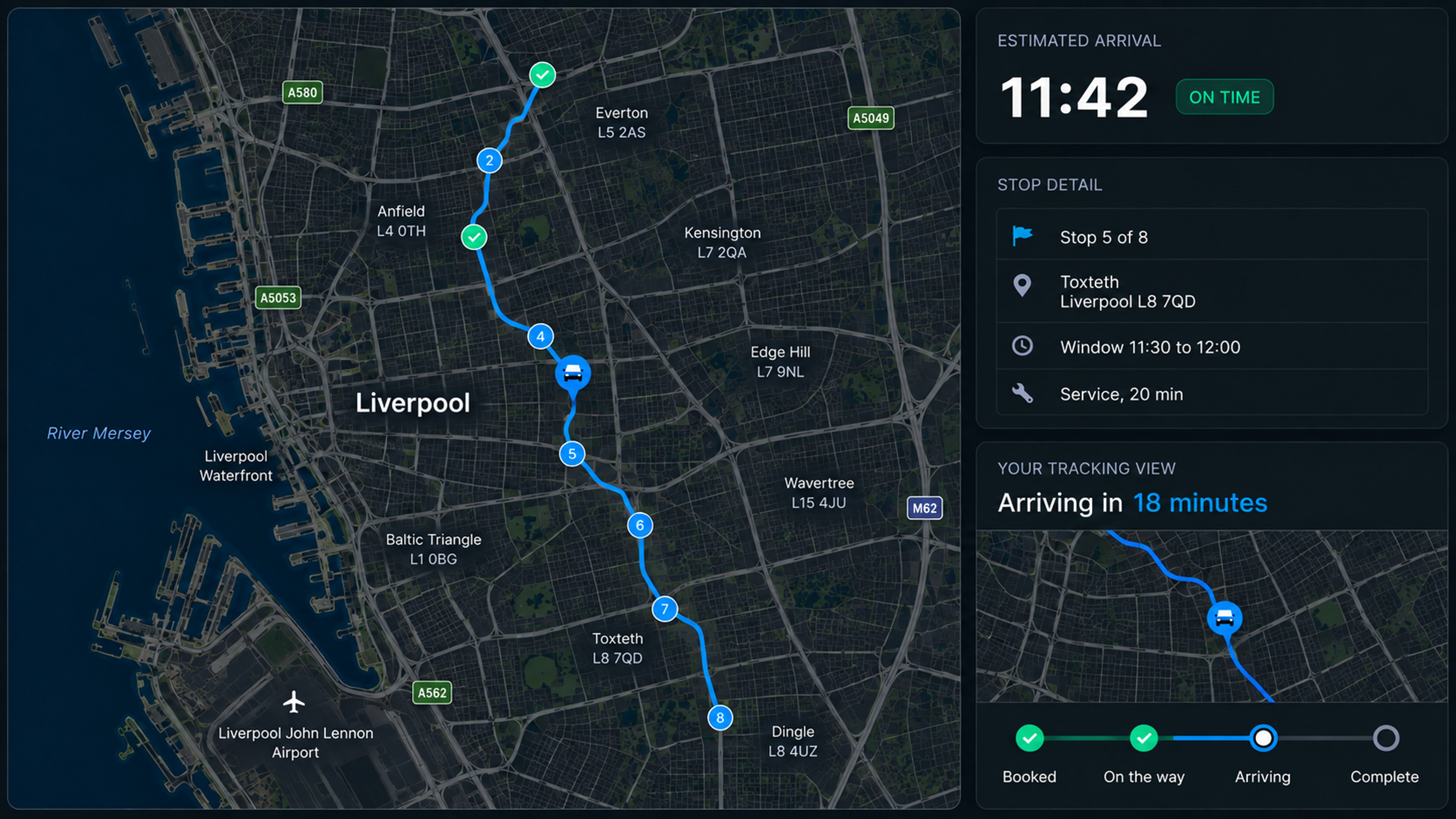 Live tracking: the route on a map with the vehicle mid-run, an estimated arrival card, the service stop detail, and the customer's own tracking view on a handset beside it.