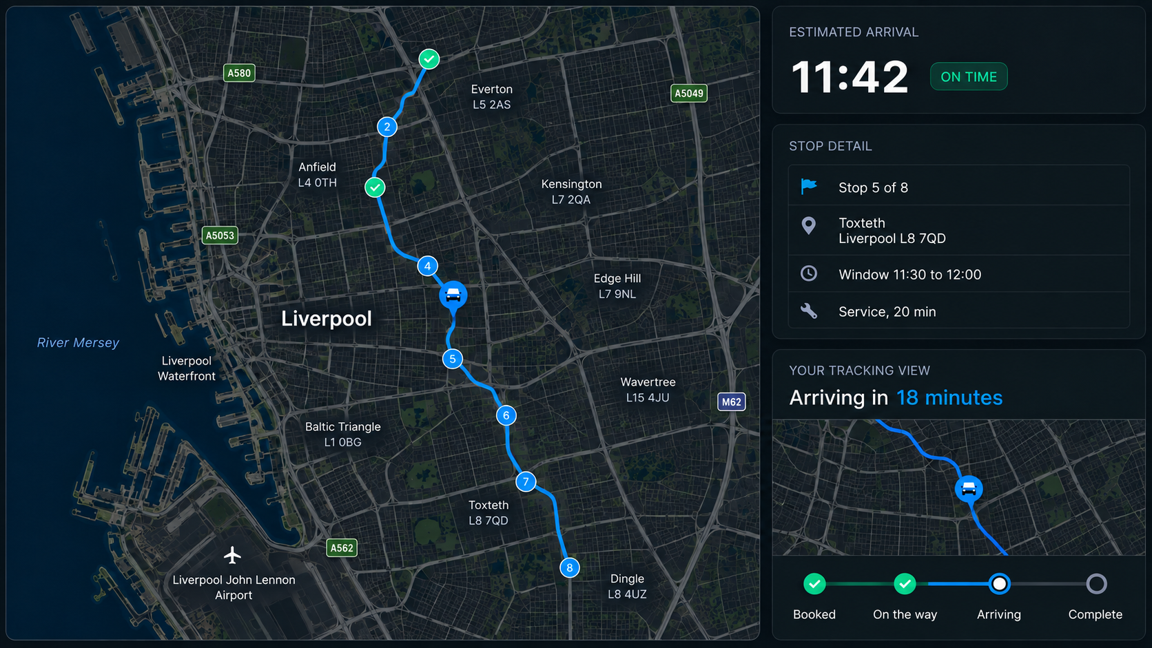 Live tracking: the route on a map with the vehicle mid-run, an estimated arrival card, the service stop detail, and the customer's own tracking view on a handset beside it.