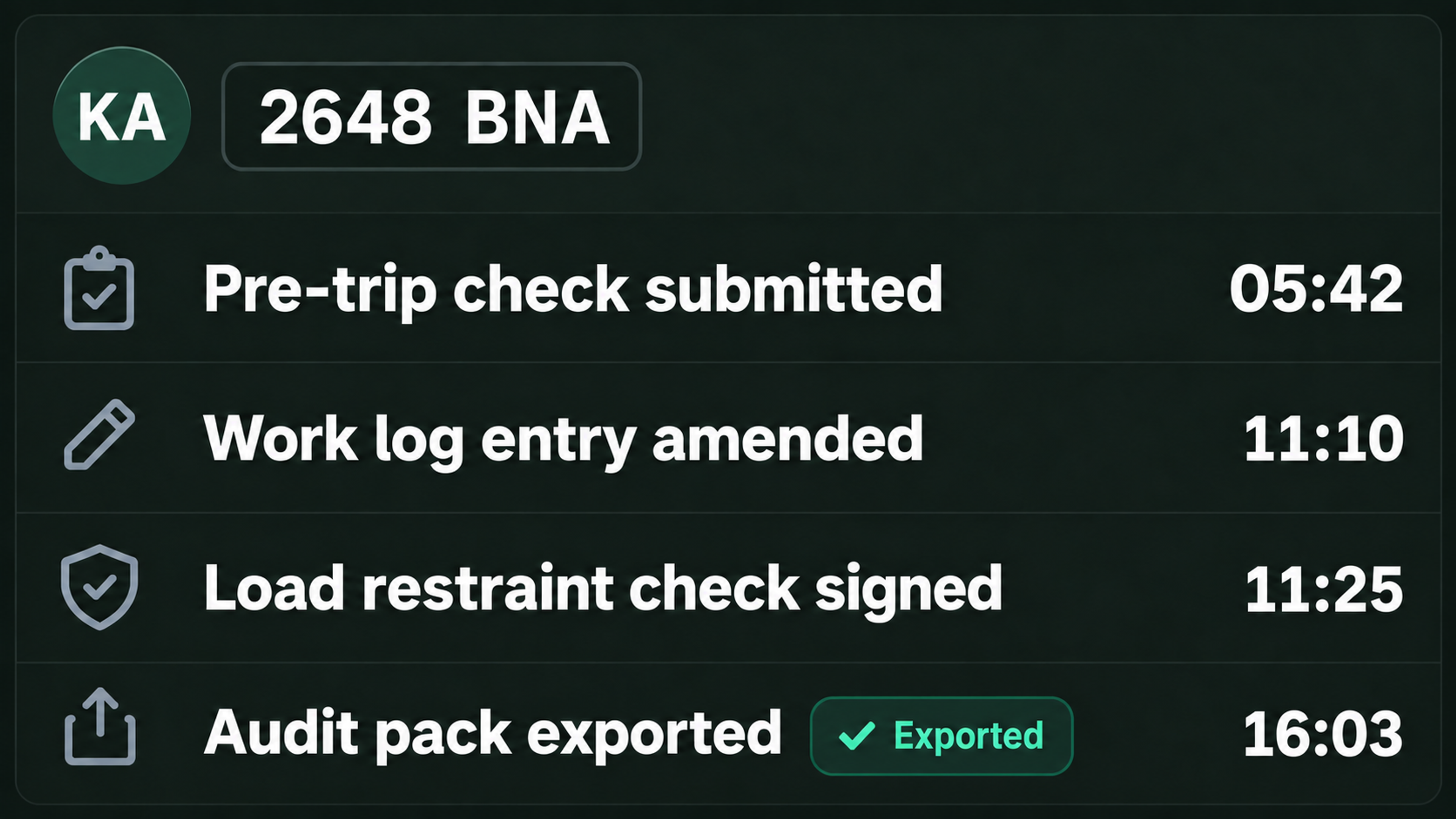 Records view: audit log and export history against a driver and a vehicle.