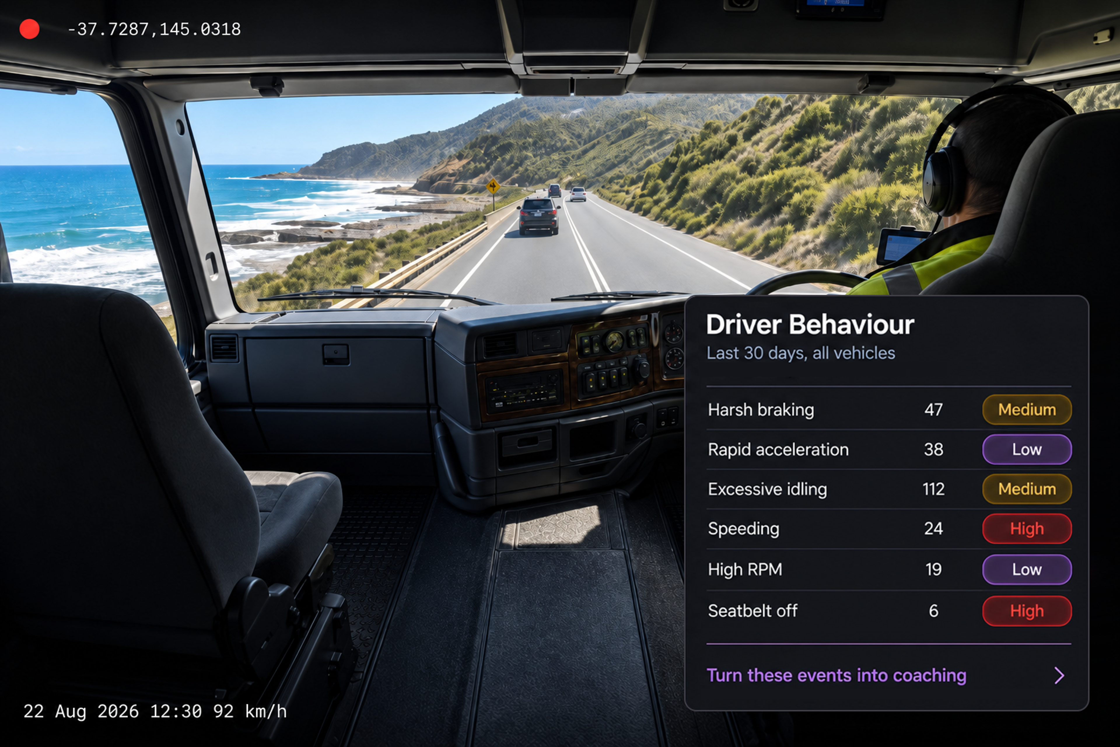 Driver behaviour panel: six behaviours with their event counts and severity chips, above the turn-events-into-coaching link. 4:3, dark UI.