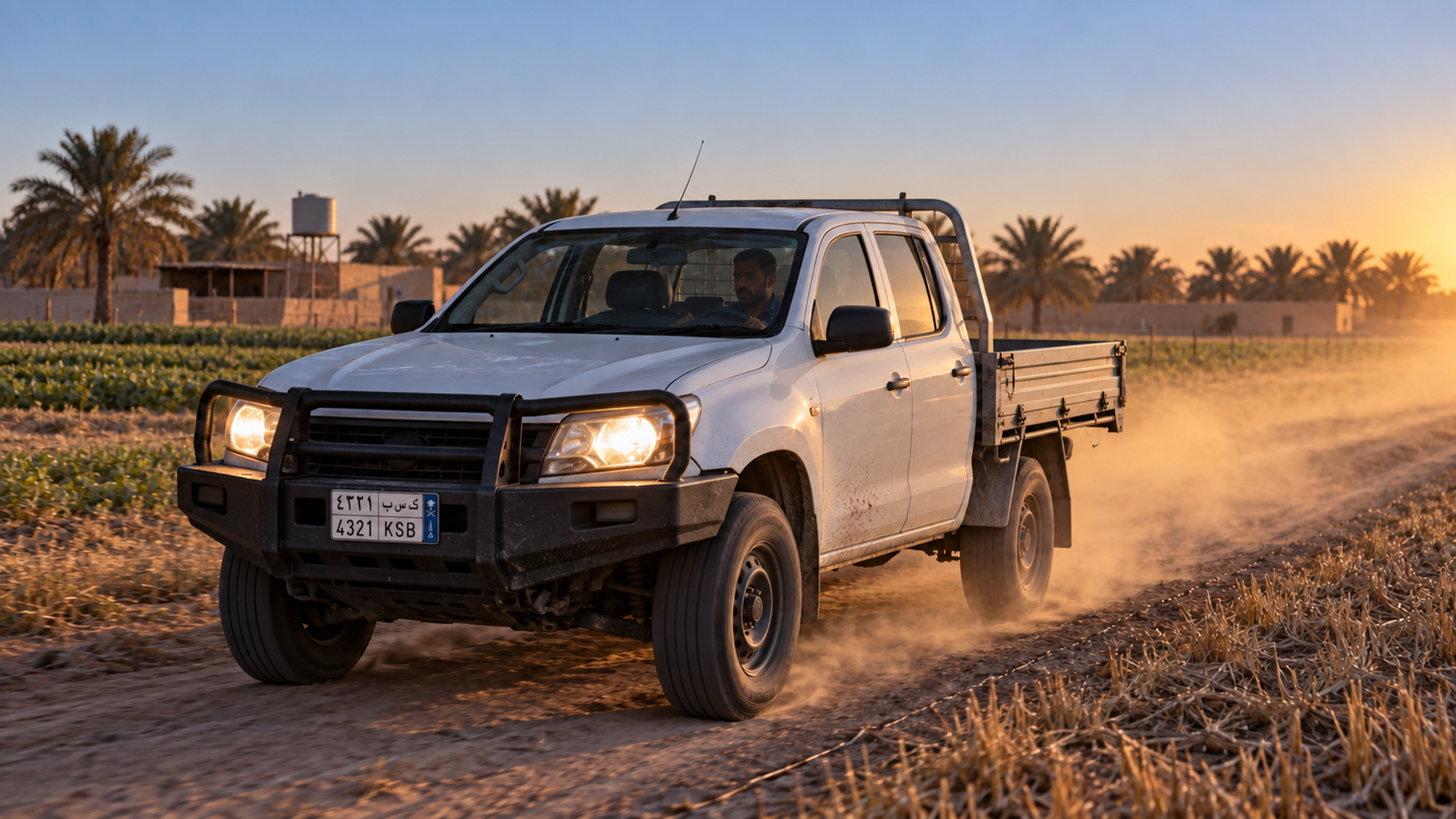 Editorial image: a farm track at first light with a ute on it. No text in the artwork.