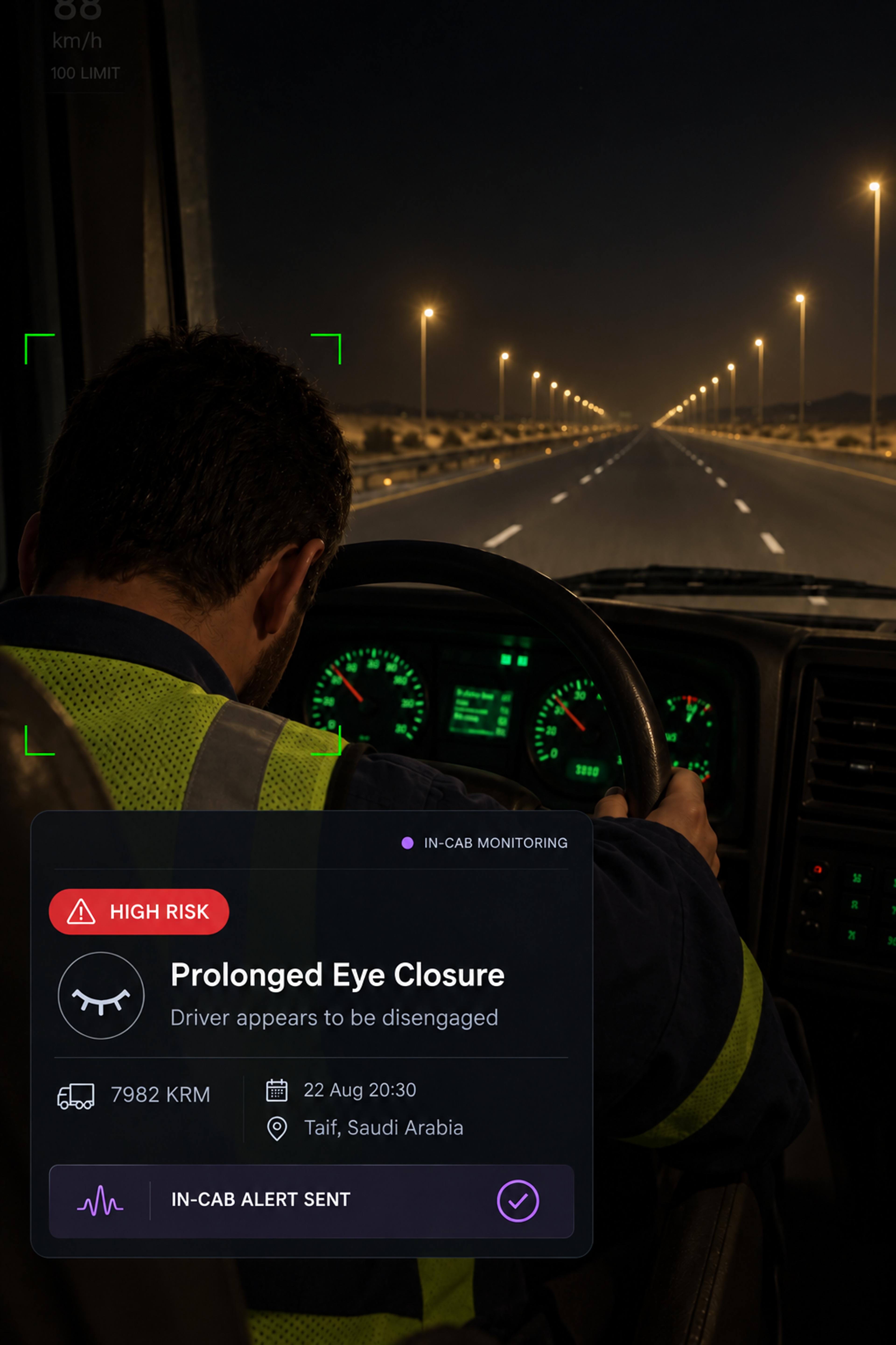 Photograph: a truck cab interior at night, the in-cab display lit, driver in frame from the side. Portrait 3:4, dark and cool, room at the top for a heading, no text in the artwork.