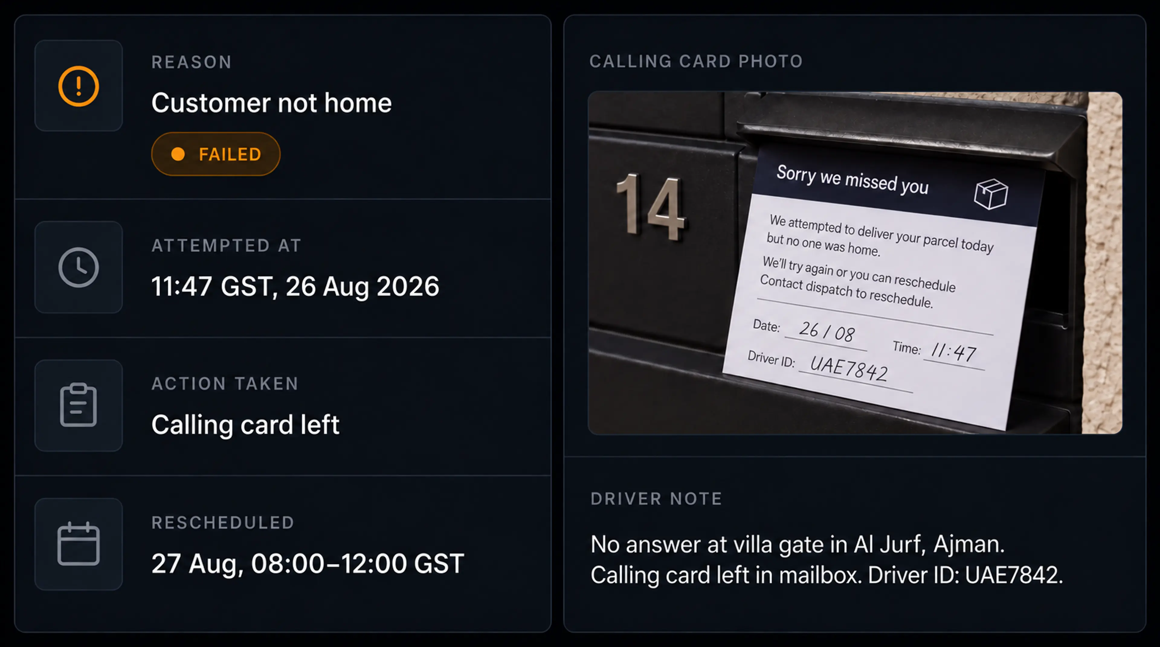 Failed delivery example: reason, attempted at, action taken, reschedule, with the calling-card photo and the driver's notes. 16:9.