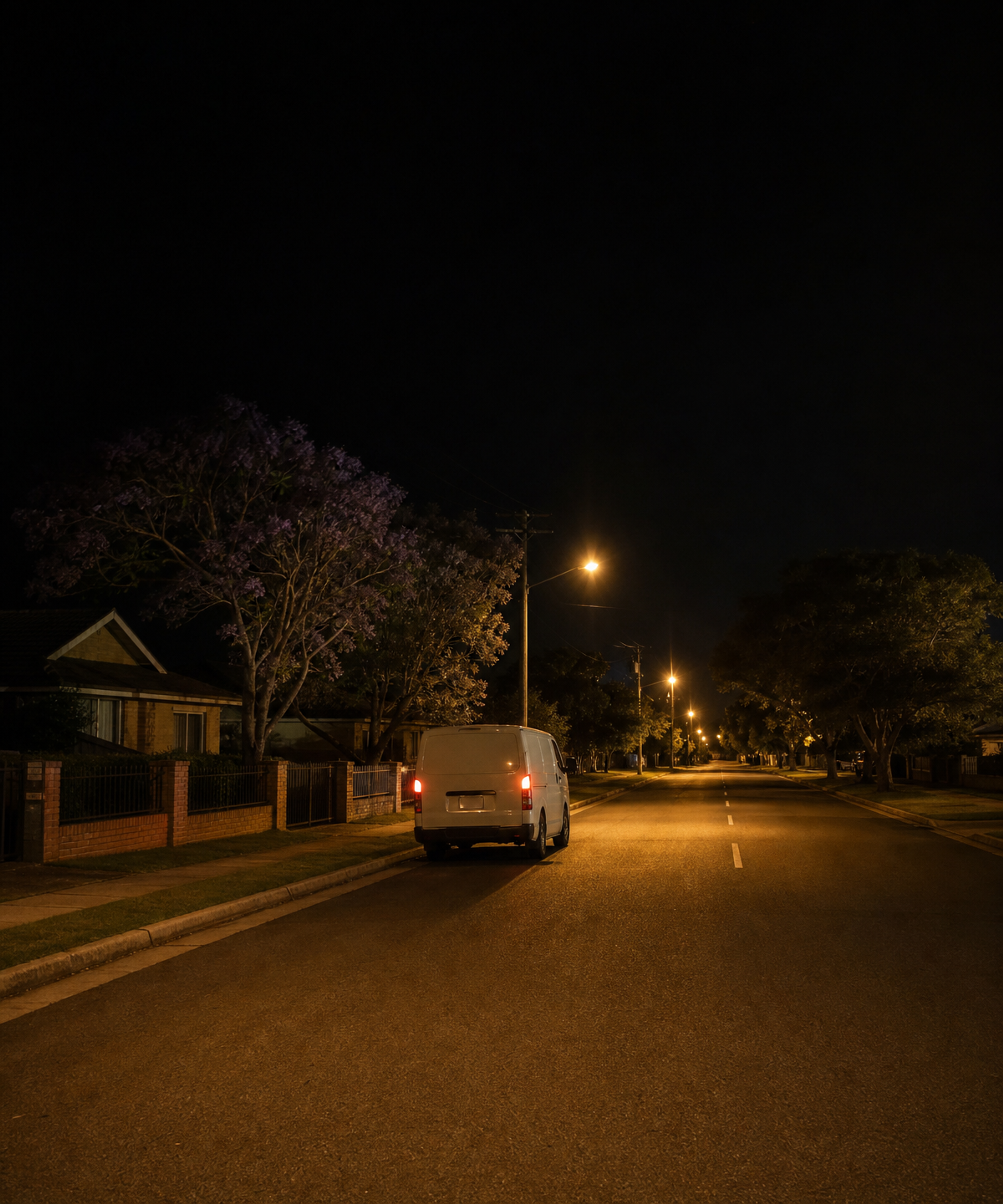 Photograph: a delivery van on a suburban street at dusk. Dark and cool, room at the top, no text in the artwork.