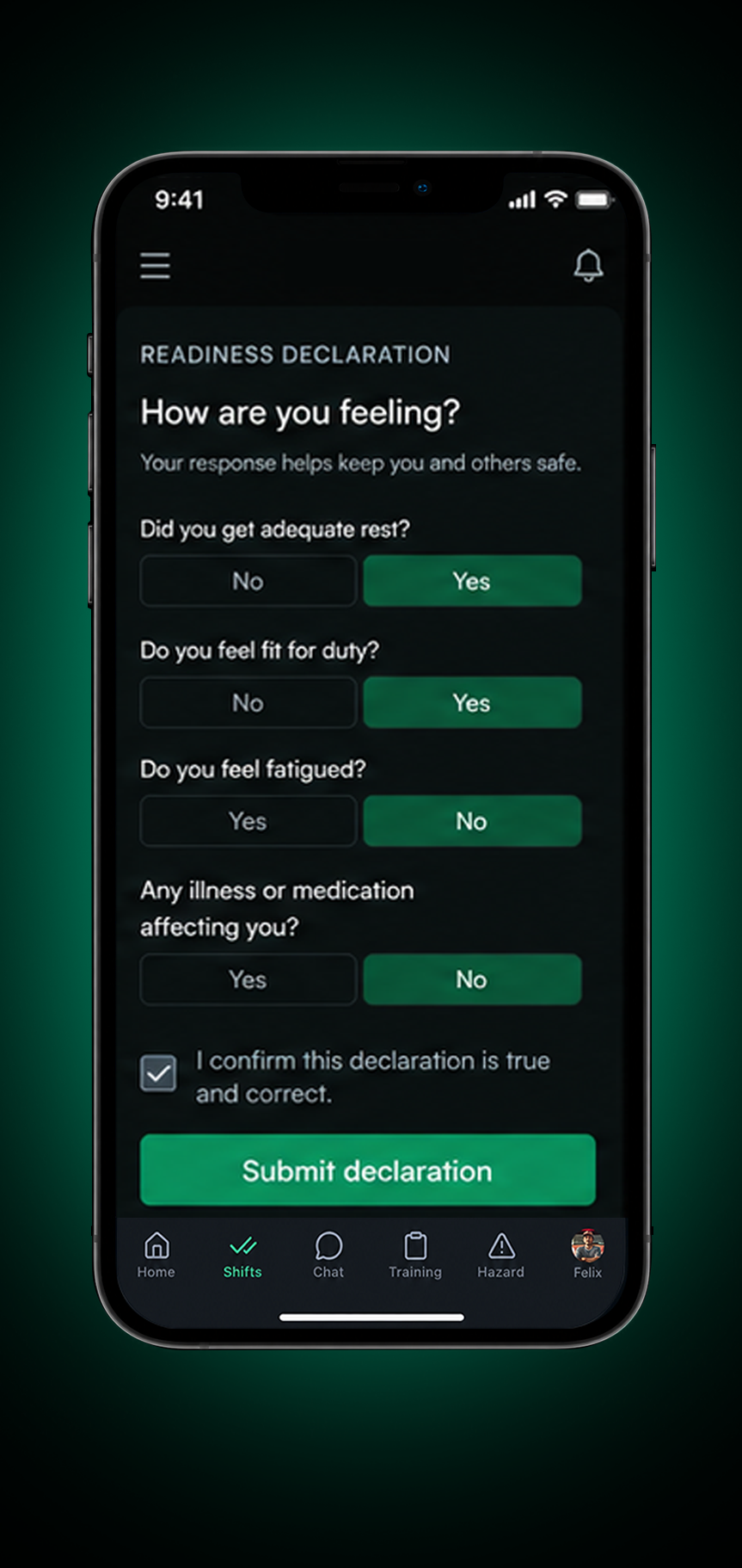 Drive360 app: fatigue declaration asking how the driver feels right now