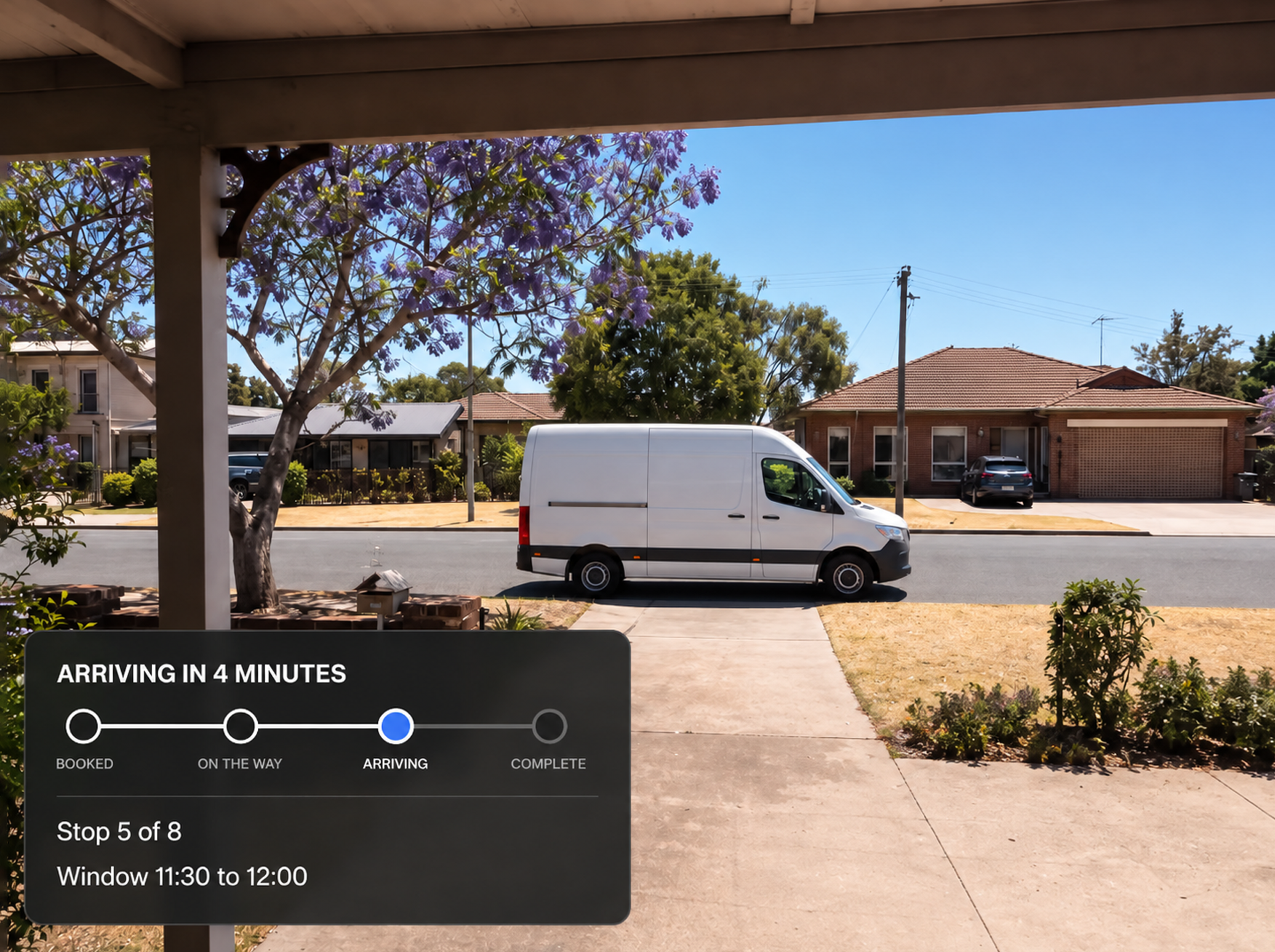 The customer's tracking page on a handset: the service status, the live map and the step timeline.