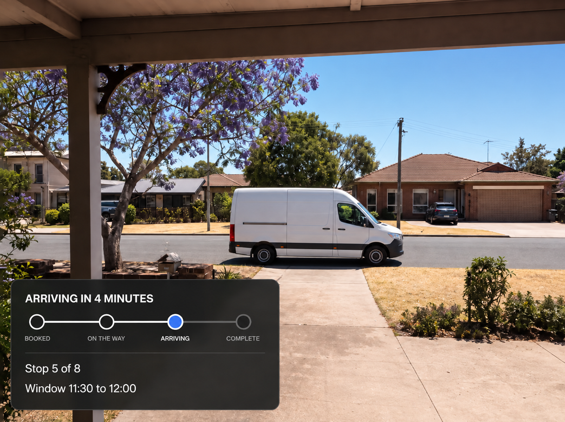 The customer's tracking page on a handset: the service status, the live map and the step timeline.