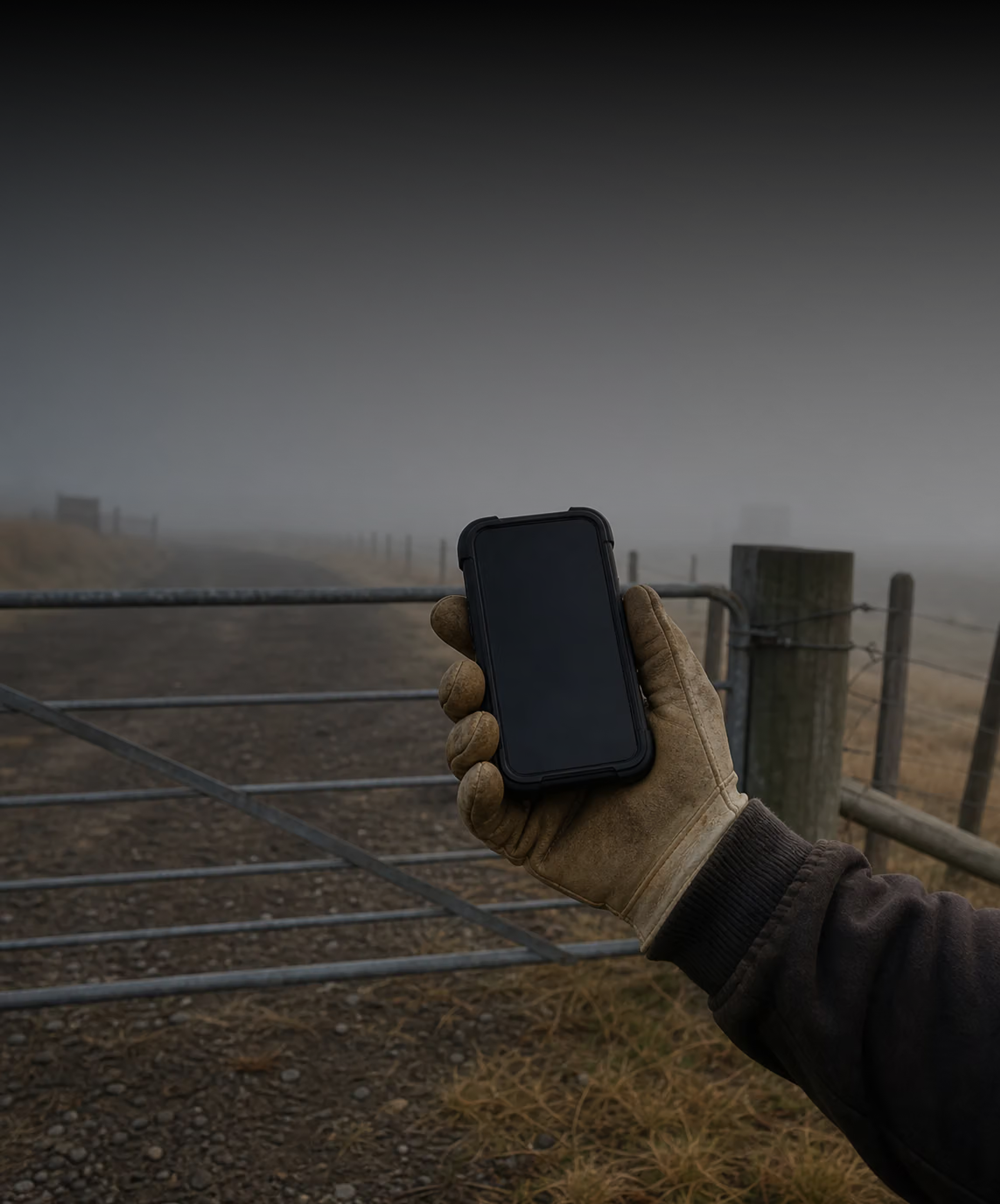 Photograph: a quiet close detail of a handset in a gloved hand. Dark and cool, room at the top, no text in the artwork.