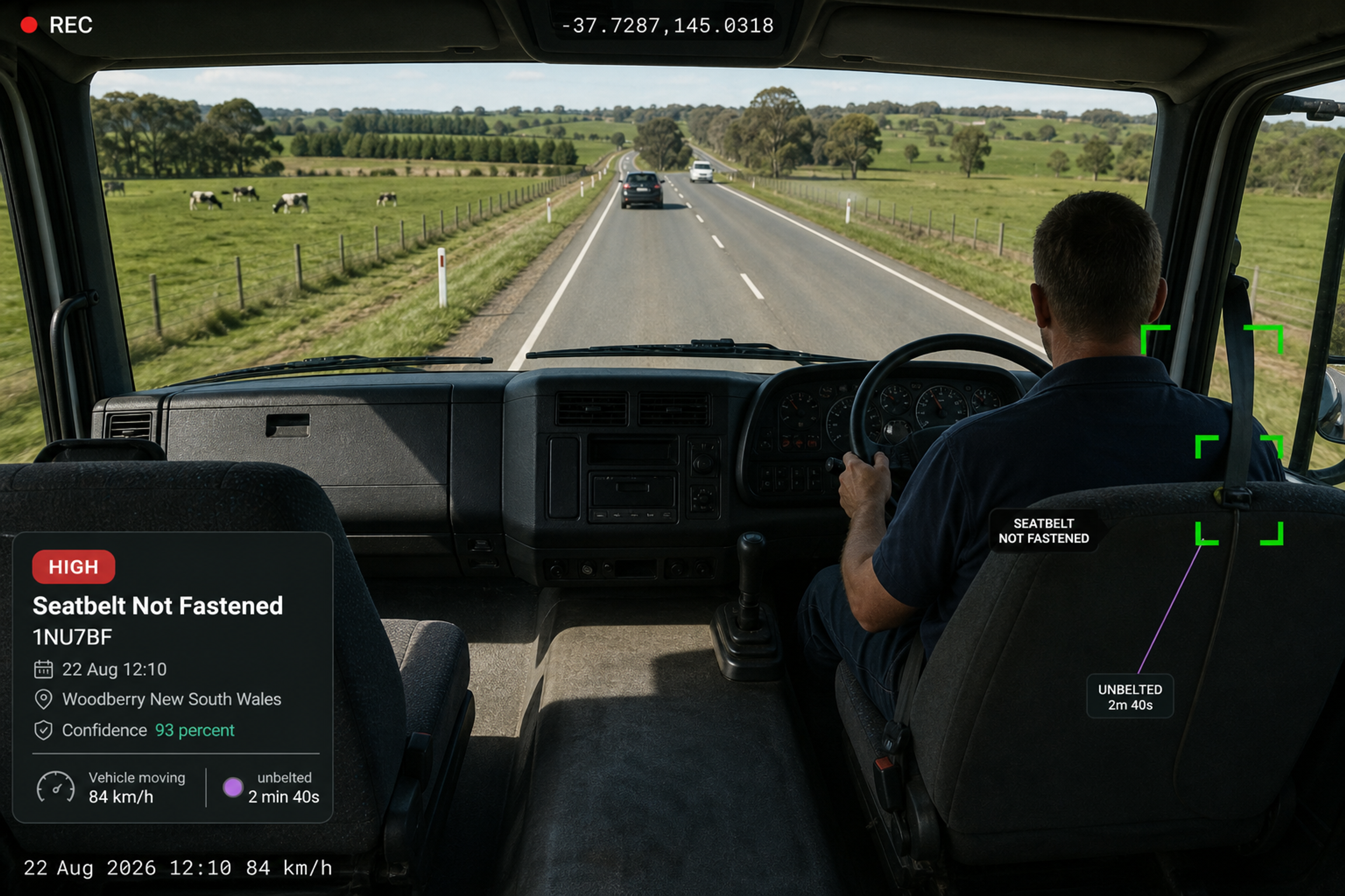 Vision360 seatbelt event review: the seatbelt event header, in-cab video with the driver framed and a seatbelt-not-fastened callout, the detected behaviour and confidence panel, the event details list, and the ten seconds before and after strip. 4:3, dark UI, 2000x1500.