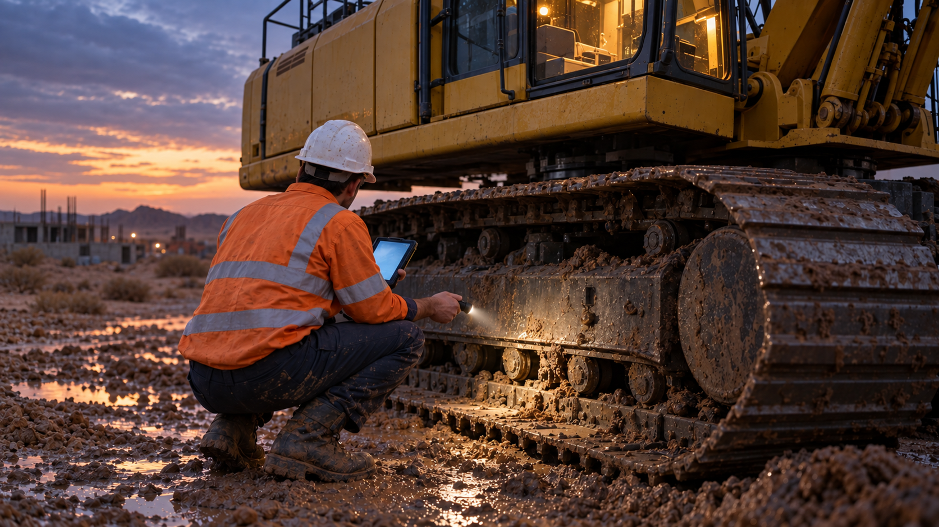 Editorial image: an operator walking a machine at dawn. No text in the artwork.