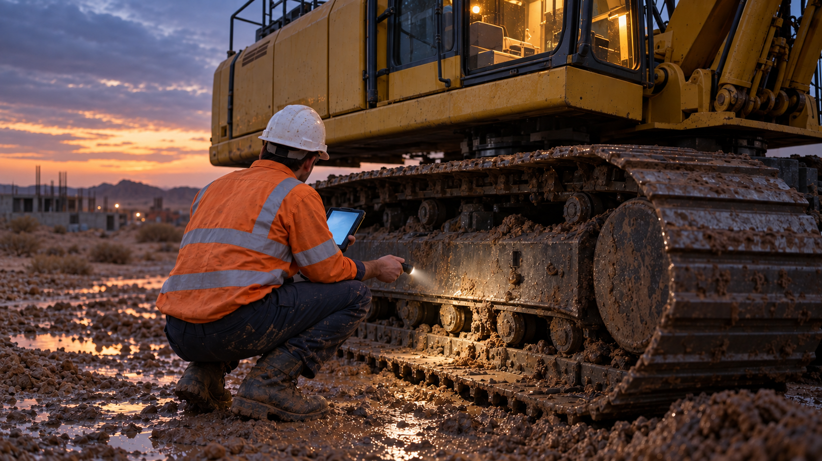 Editorial image: an operator walking a machine at dawn. No text in the artwork.