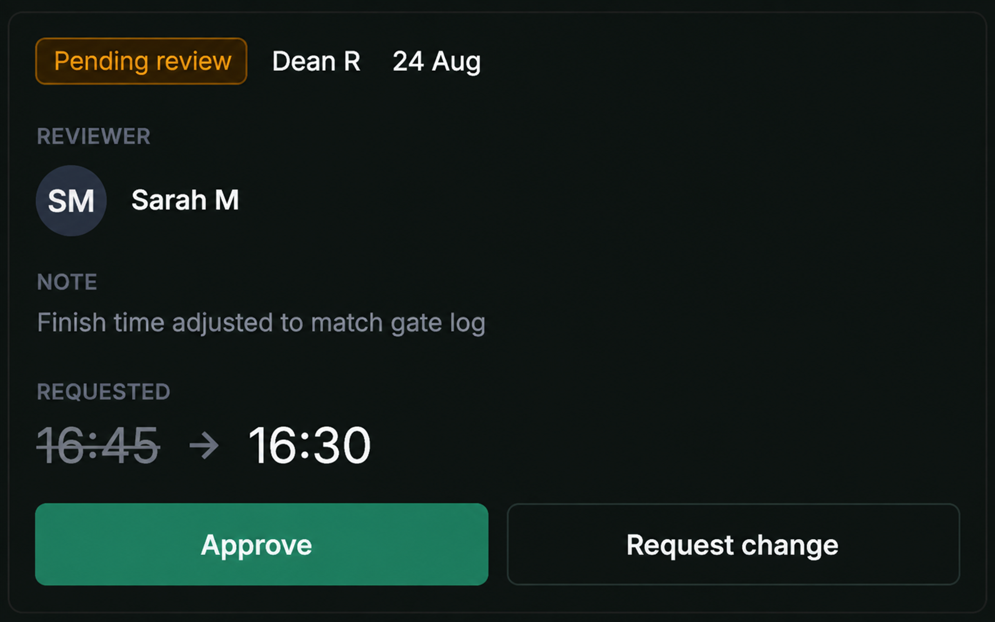 Drive360 approval panel: status, reviewer, notes and requested time