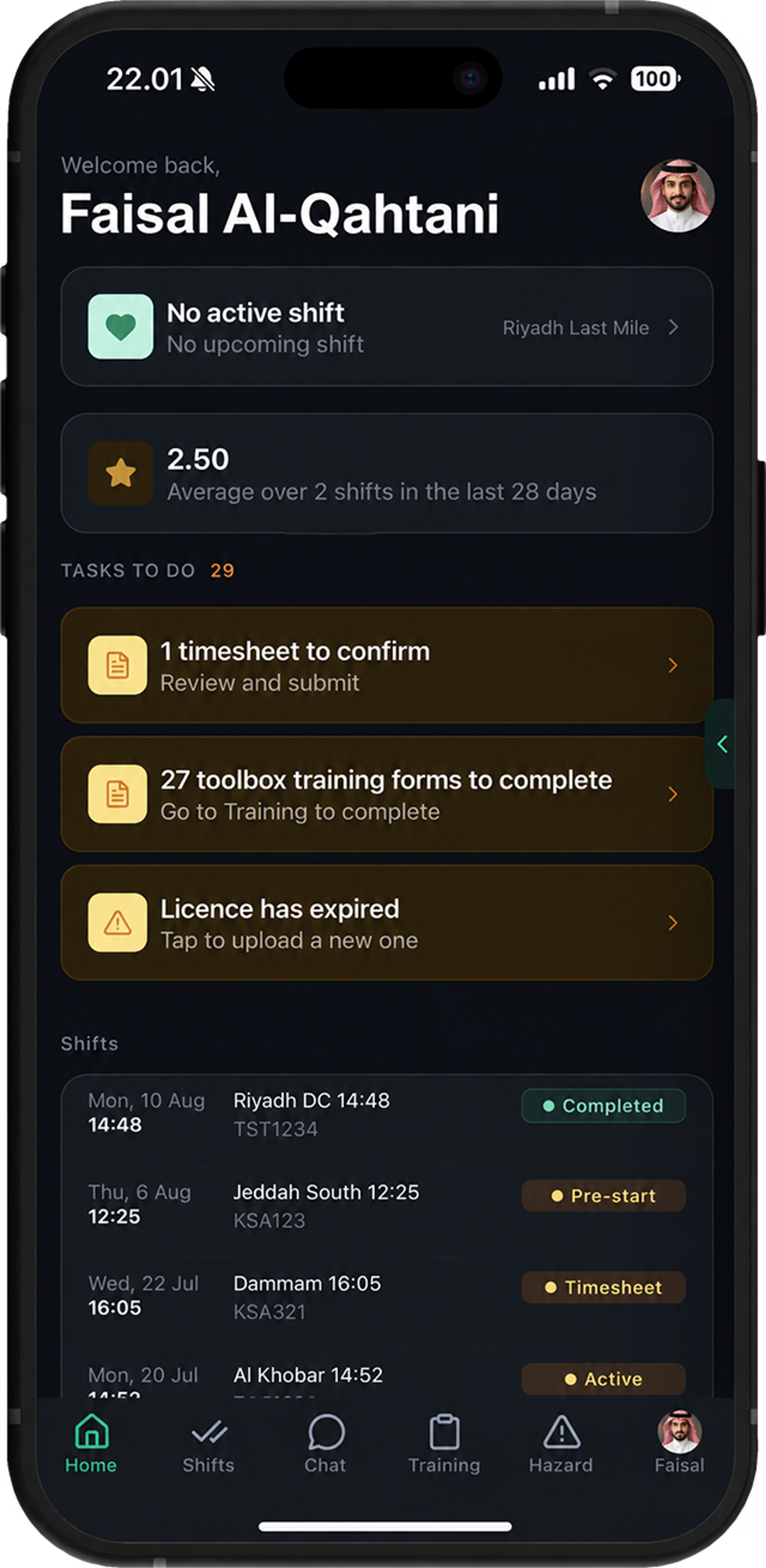 Drive360 driver app home screen: shift status, average score, outstanding tasks including a timesheet, training forms and a licence renewal, and recent shift history